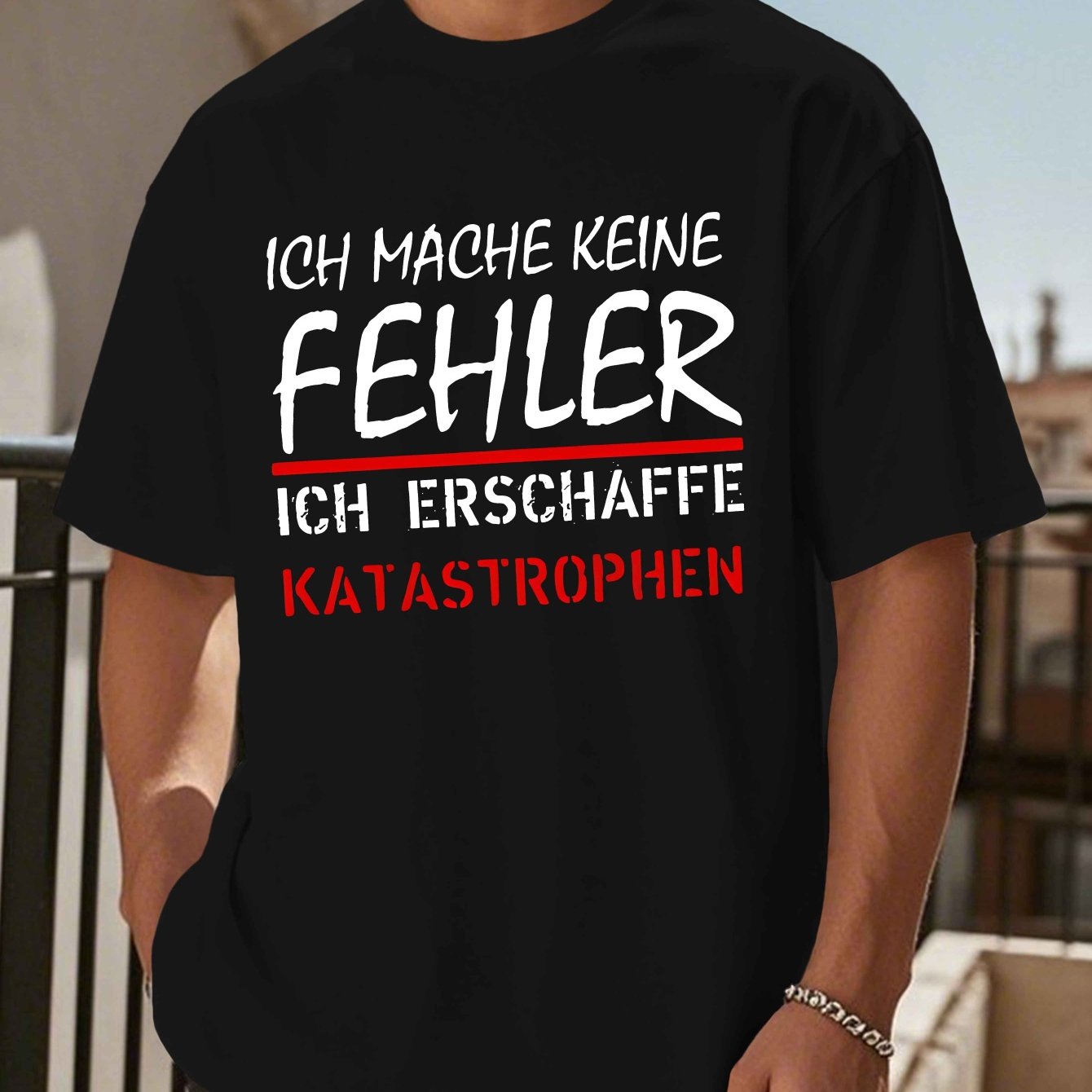 TEMU 1 Stück Herren T-Shirt mit deutscher - Sommer-Strick-Polyester-Oberteil mit geometrischem Muster, Rundhalsausschnitt, Regular Fit - Atmungsaktiv