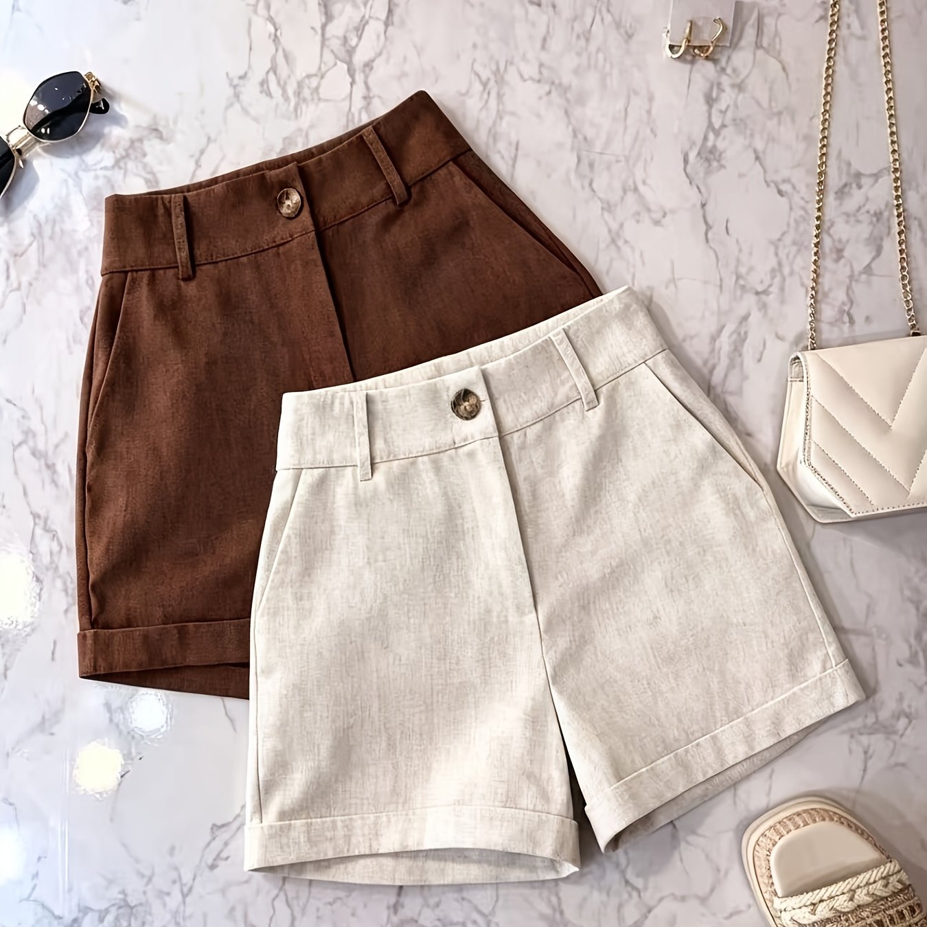 TEMU 2pcs Set High-waist Suit Shorts For Women, New Summer Style, Loose Fit Rolled Hem Wide-leg Pants, Versatile A-line Casual Trousers