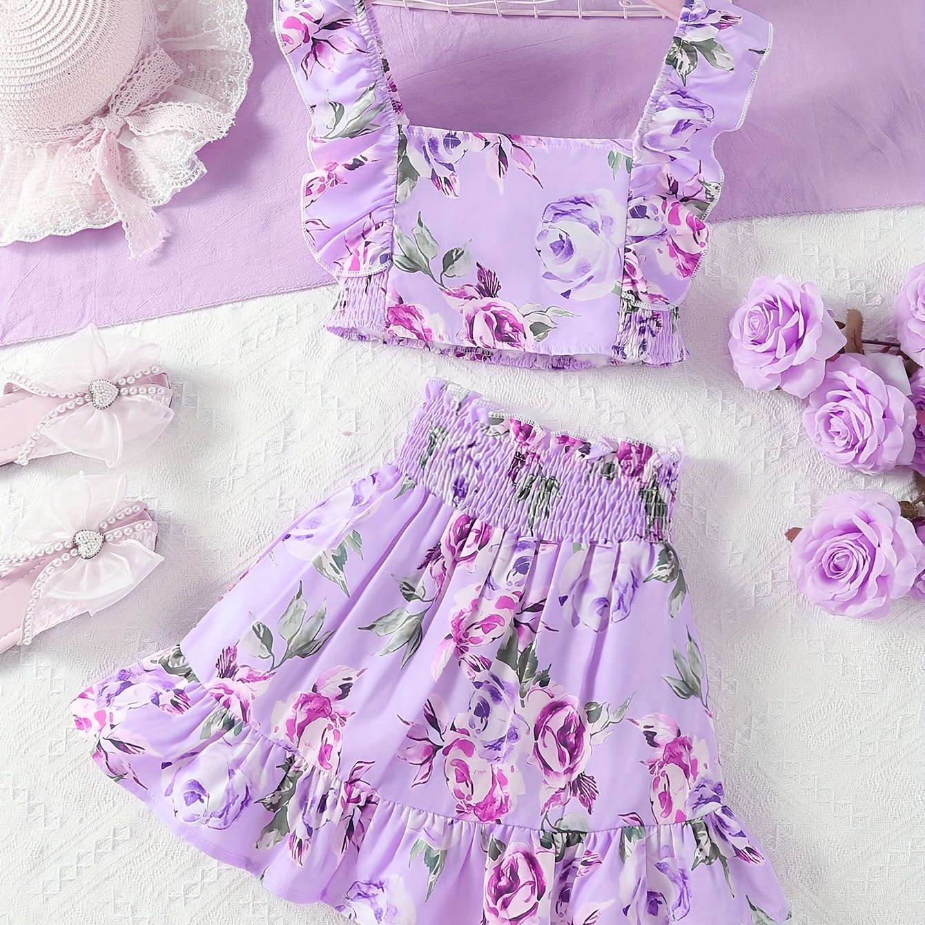 Toddler Girls Floral Print Ruffle Trim Top And Paperbag Waist Skirt
