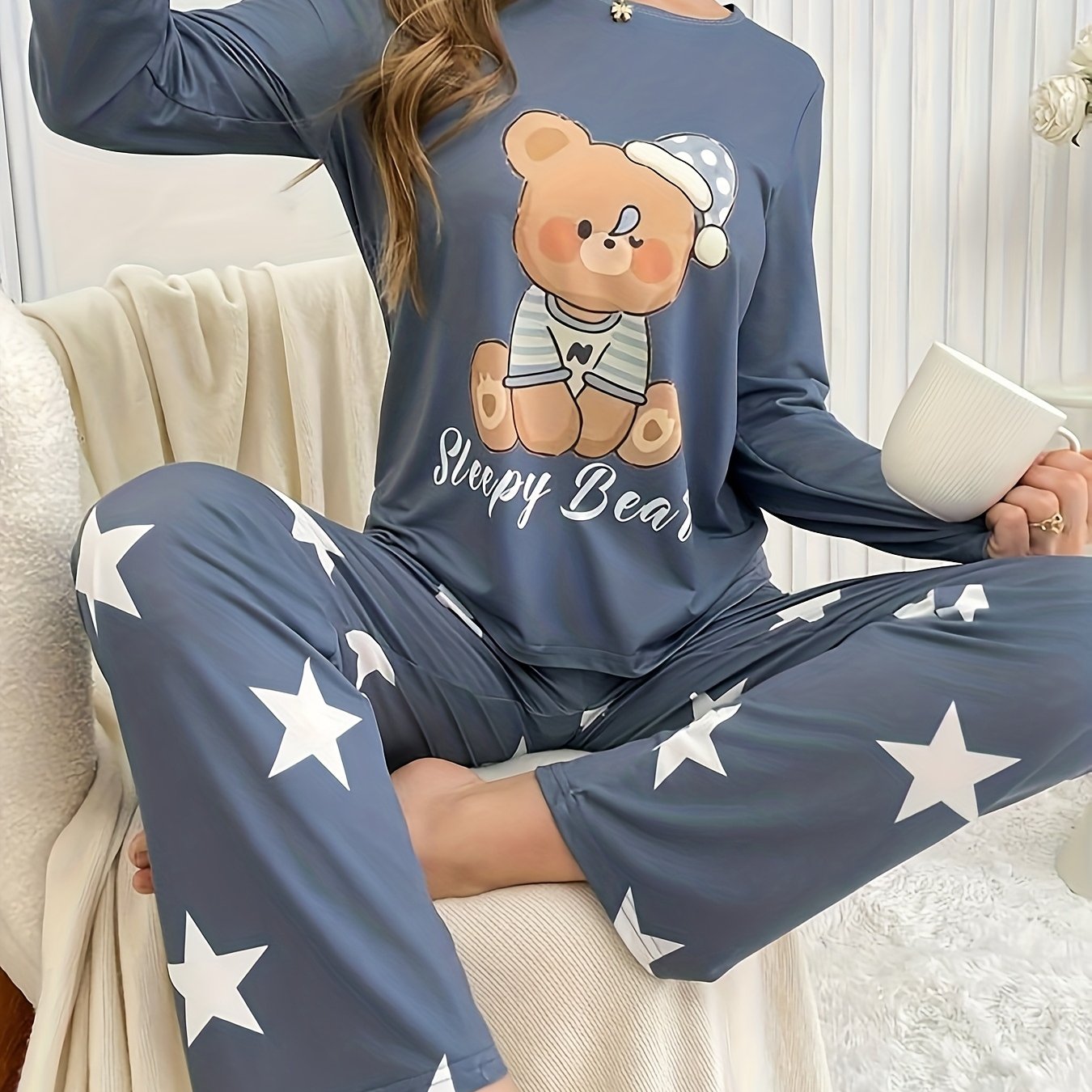 TEMU Set di pigiama da donna casual con stampa orsacchiotto e slogan - Maglia blu a a maniche lunghe e pantaloni con vita , lavabili in lavatrice,