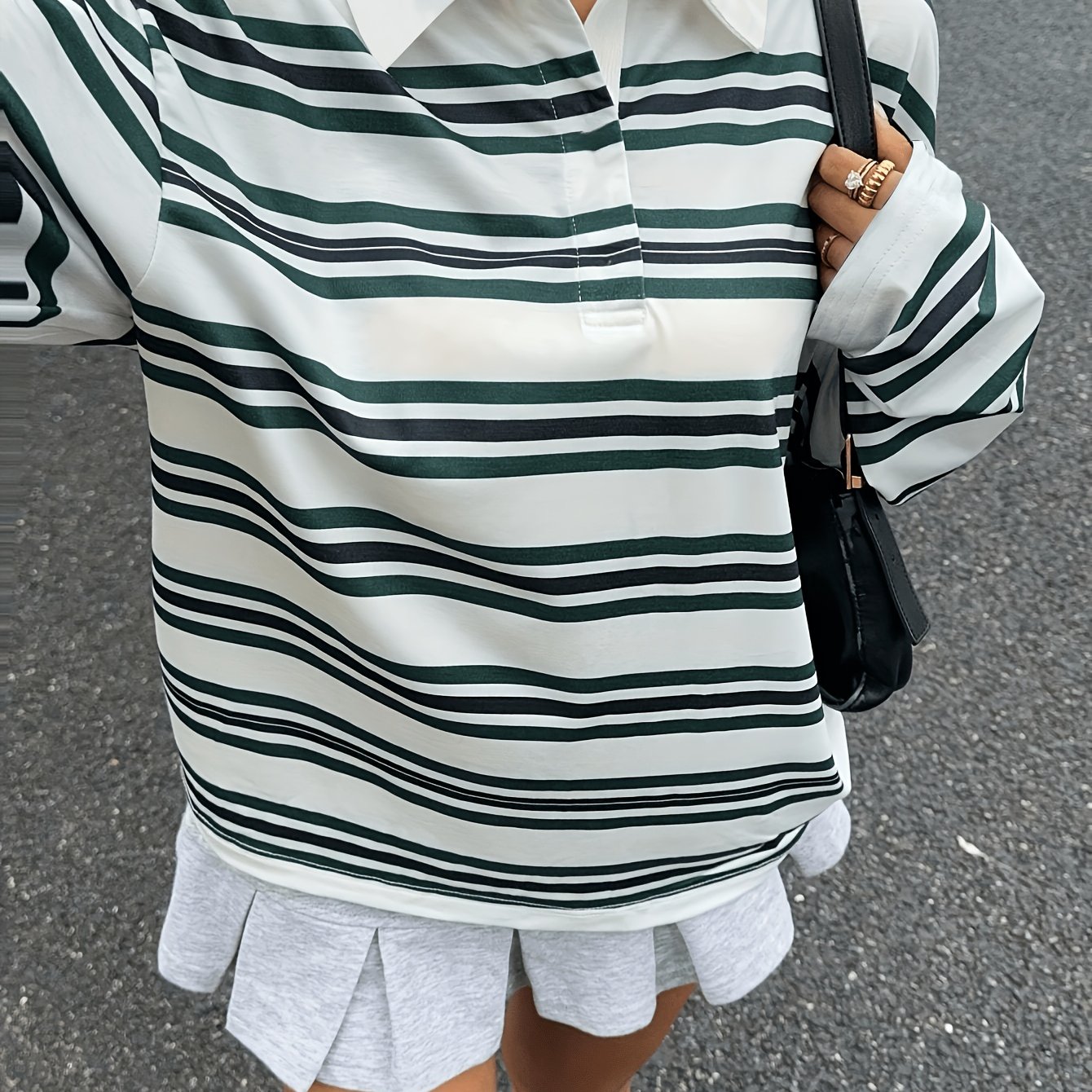 TEMU [printed Design - Not Texture] Women's Long Sleeve Trendy Versatile Shirt, Women's Color- Collar Long Sleeve Top, White Green Black Casual