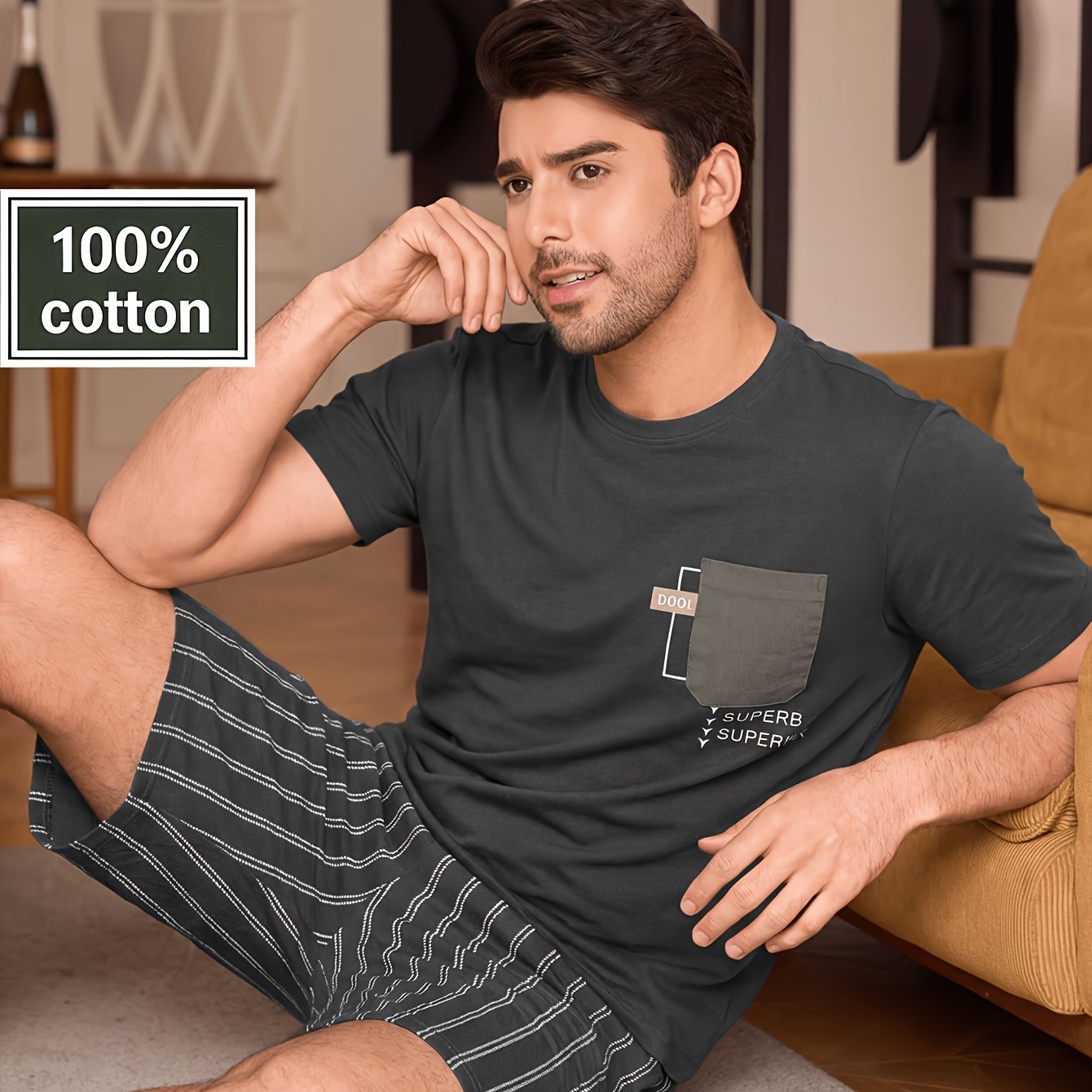 Men's Pure Pajamas, Summer Round Neck Simple Lightweight Short Sleeve And Shorts Set, Comfortable Wear