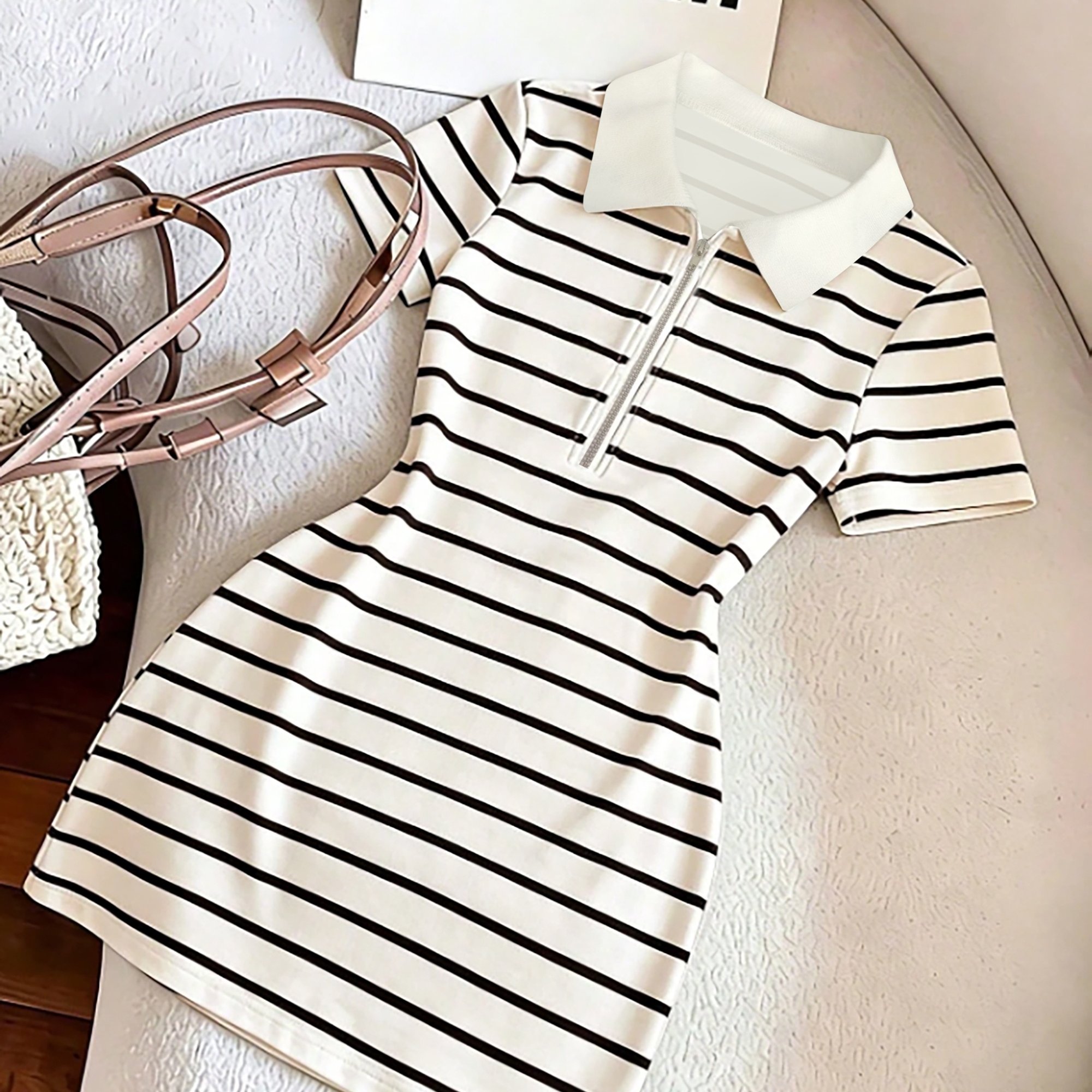 TEMU Women's Lapel Zipper Shirt Dress, Vintage Striped Skirt, Summer Dress, Striped Style Casual Outdoor , Elegant Versatile Mini Skirt, Suitable For