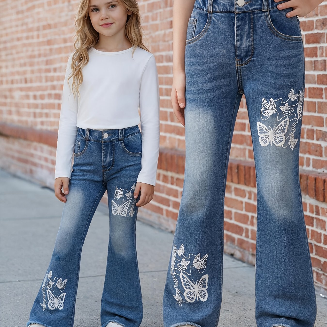 Image of Girls' High Elasticity Slim Fit Flared Jeans With Print, Button And Zipper Front, Casual And Cute