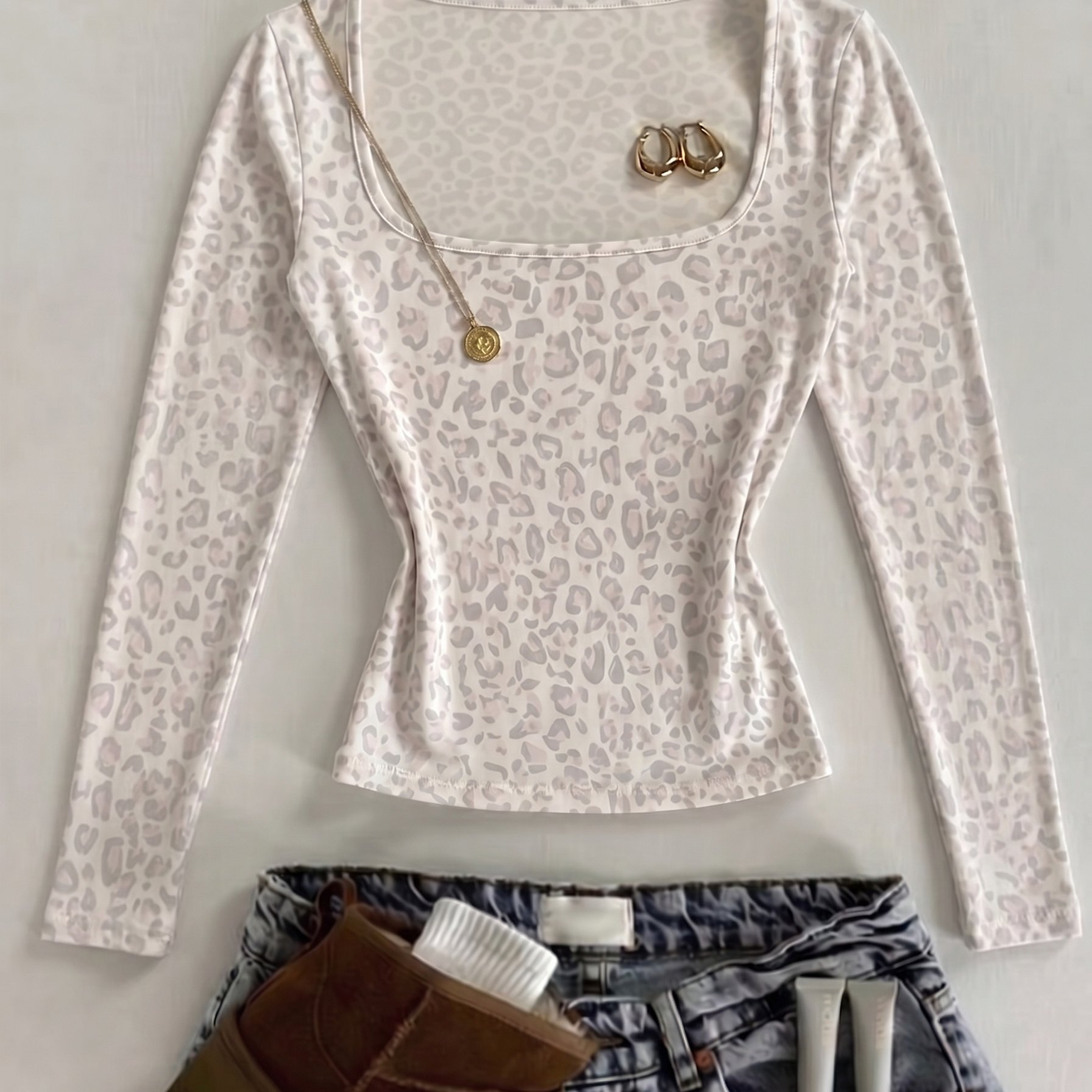 TEMU Damen Langarm-T-Shirt mit schlichtem Leopardenmuster, quadratischem Ausschnitt schmaler Passform, geeignet für Frühling, Sommer Herbst