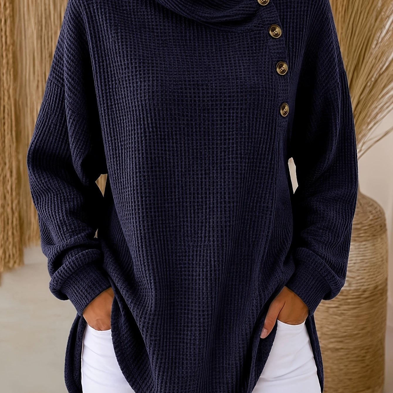 TEMU Plus Size, 2026 Women' Color Waffle Long Sleeve Button- Casual Shirt Comfortable Women's Top