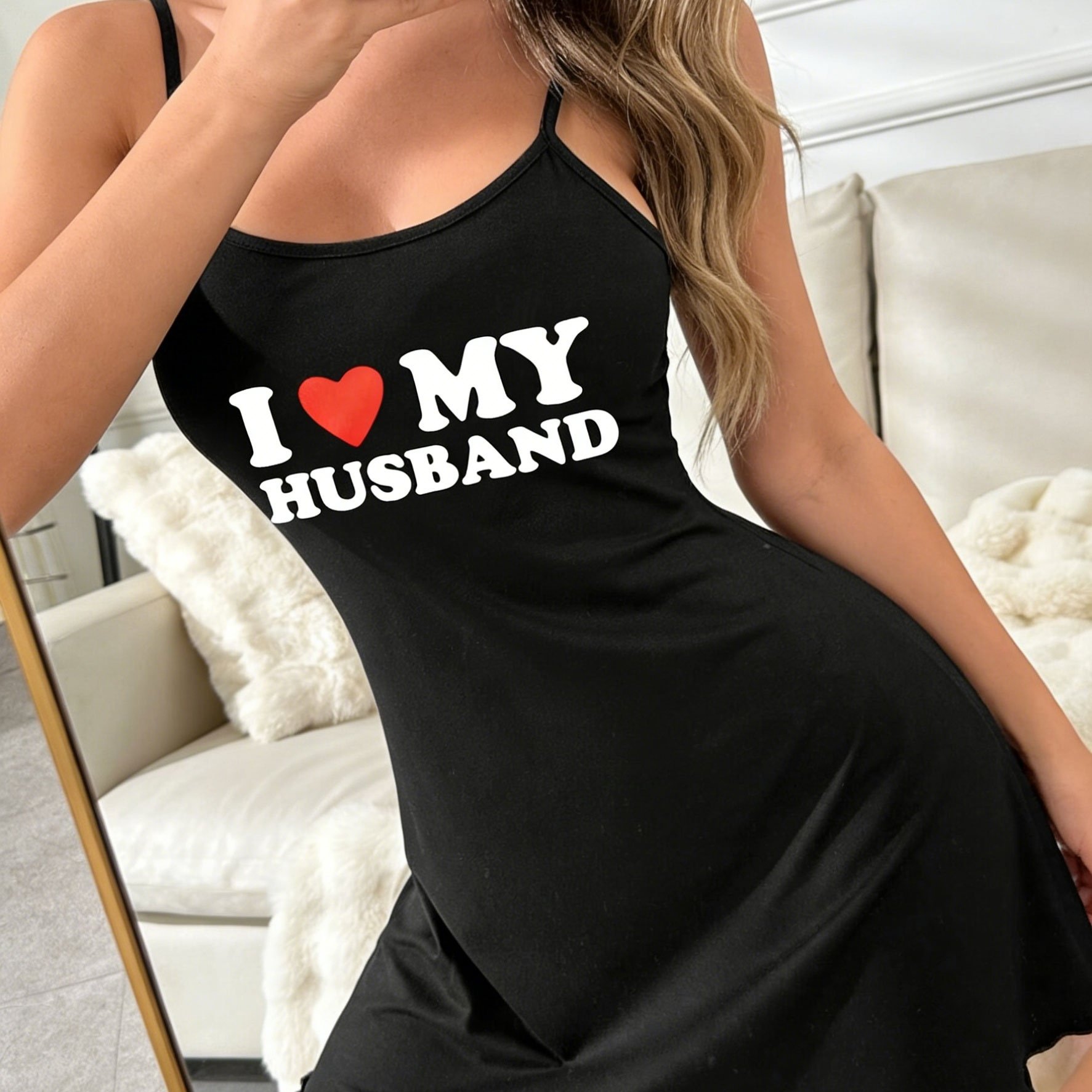Image of 1pc Women's Mint Green Heart Print Nightgown With "i Love My Husband" Lettering - Casual Spaghetti Strap Sleepwear, , Machine Washable