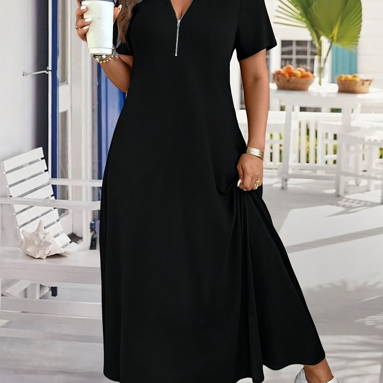 Plus Size, Plus Size Women' Color Zippered Henley Neck Mini Dress With Pockets