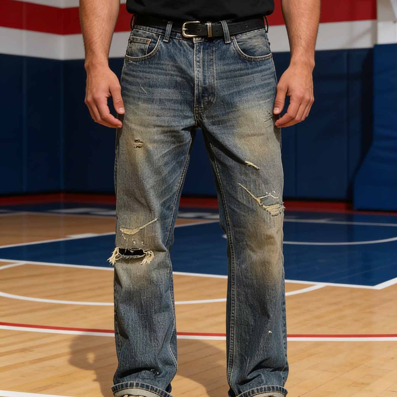 Hme-323 Men's Summer Vintage Distressed Straight-leg Jeans: Casual Pants With A Relaxed Fit And Straight Leg, Perfect For High-street Fashion. Ideal For Daily Use, Commuting, , And Trendy Styles