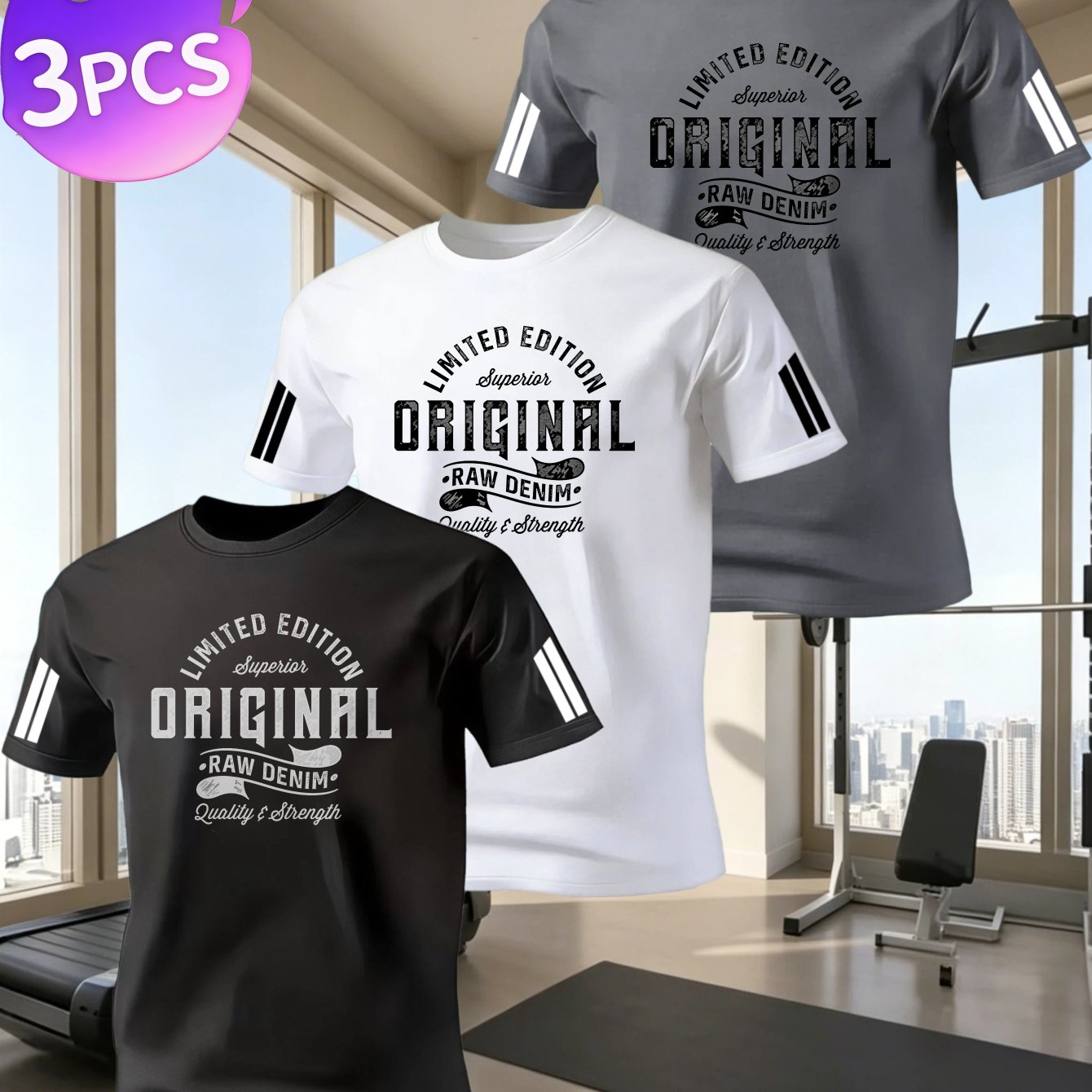 TEMU Men's 3pcs T-shirt Set, Edition, , Printed T-shirt, Street Style, Suitable For Home And Outdoor Wear