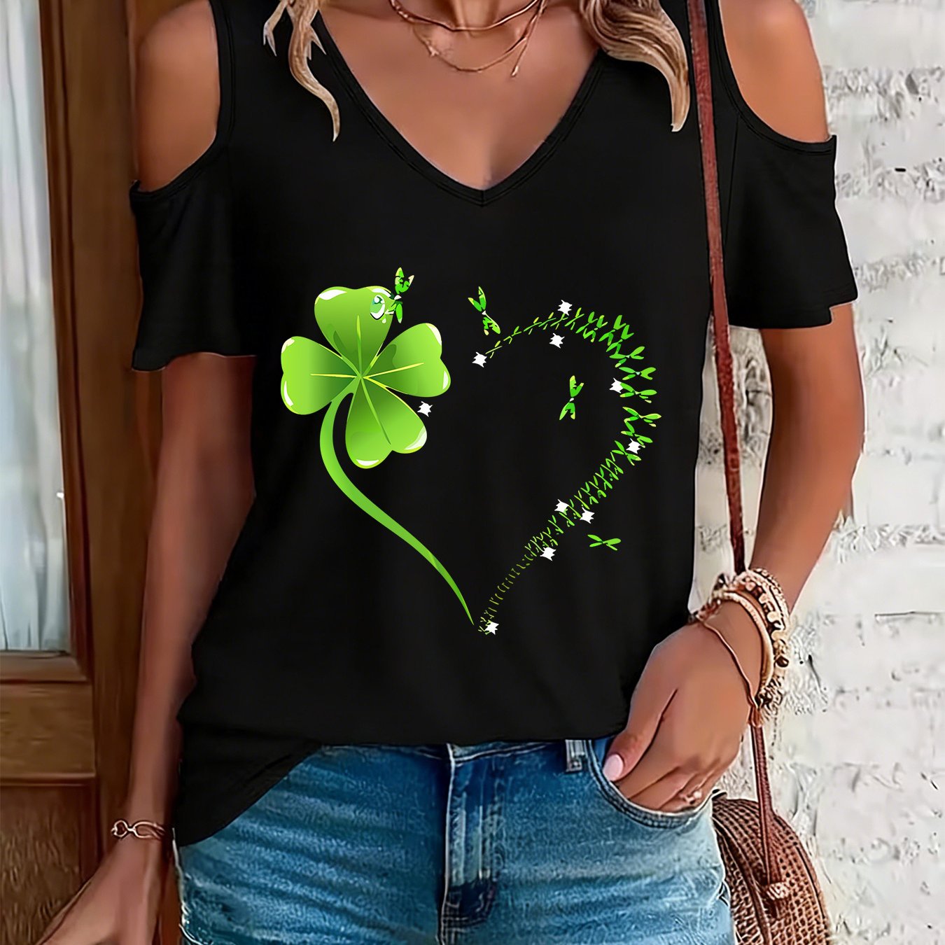 TEMU T-shirt verde con spalle scoperte da donna per , caratterizzata da un scollo maniche corte, un top casual e delicato per primaverile ed