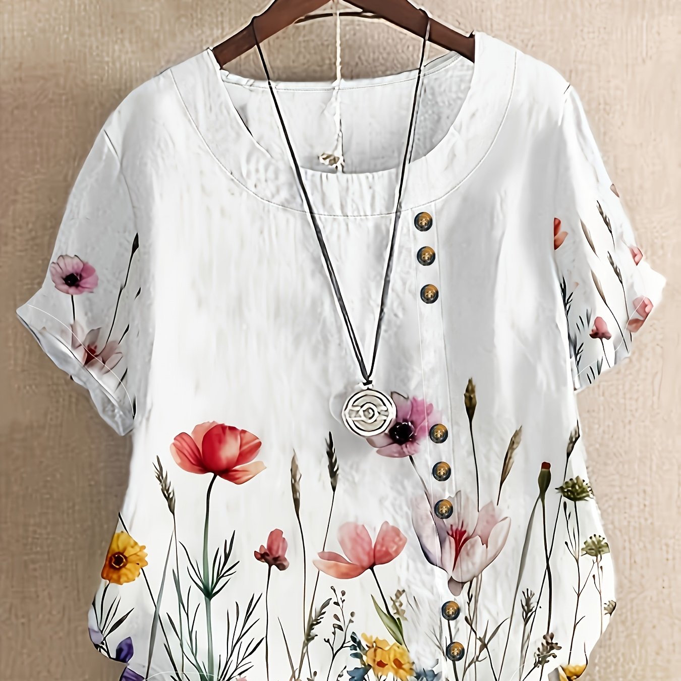Plus Size - Ms. Jia Ma Summer Neck Button Short Sleeve Floral Print Top (pendant Not Included)