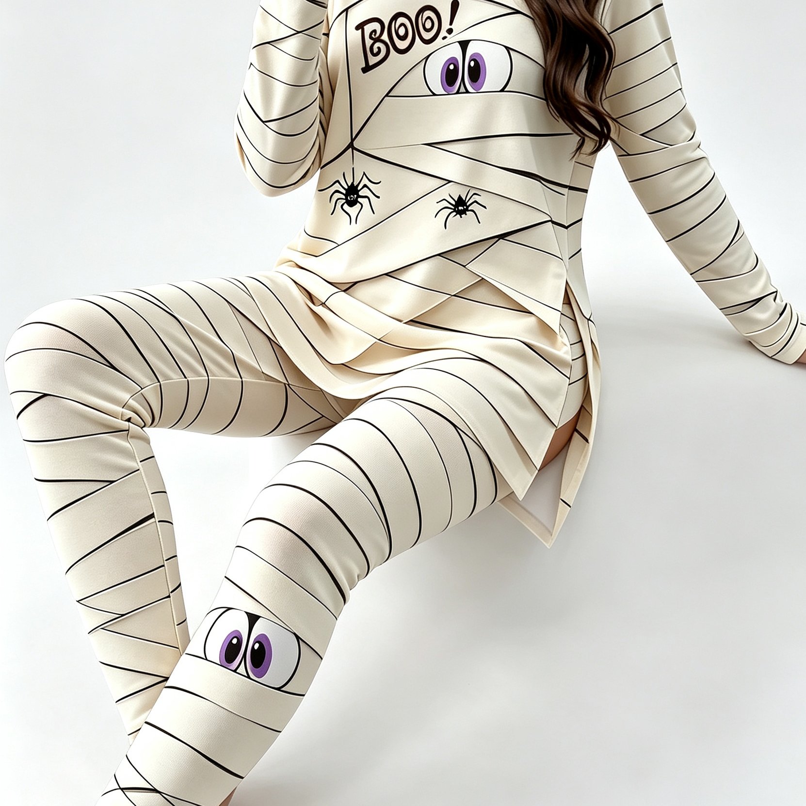 TEMU Plus Size Women Halloween Boo Spider Graphic 2pcs Set, Long Sleeve Split Hem Top& Stretch Leggings, Halloween Party Casual Loungewear Outfit