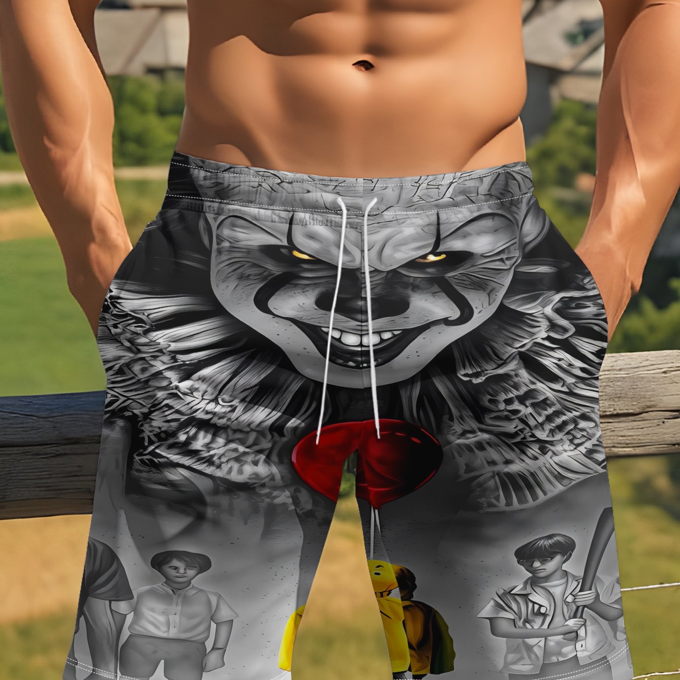 TEMU Men's Beach Vacation Shorts Featuring A Terrifying Clown, With Yellow Outfit Holding A , While A Crowd Stands Behind. Made Of 100% Polyester,