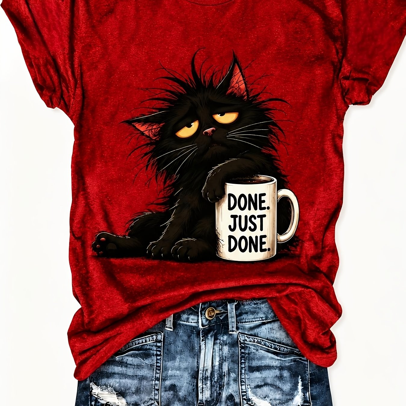 TEMU Women's Fun Graphic T-shirt, Cat Sarcasm Quote, Comfortable Round Neck Homewear Loungewear, Casual Summer Top For Beach, Party And Daily Looks