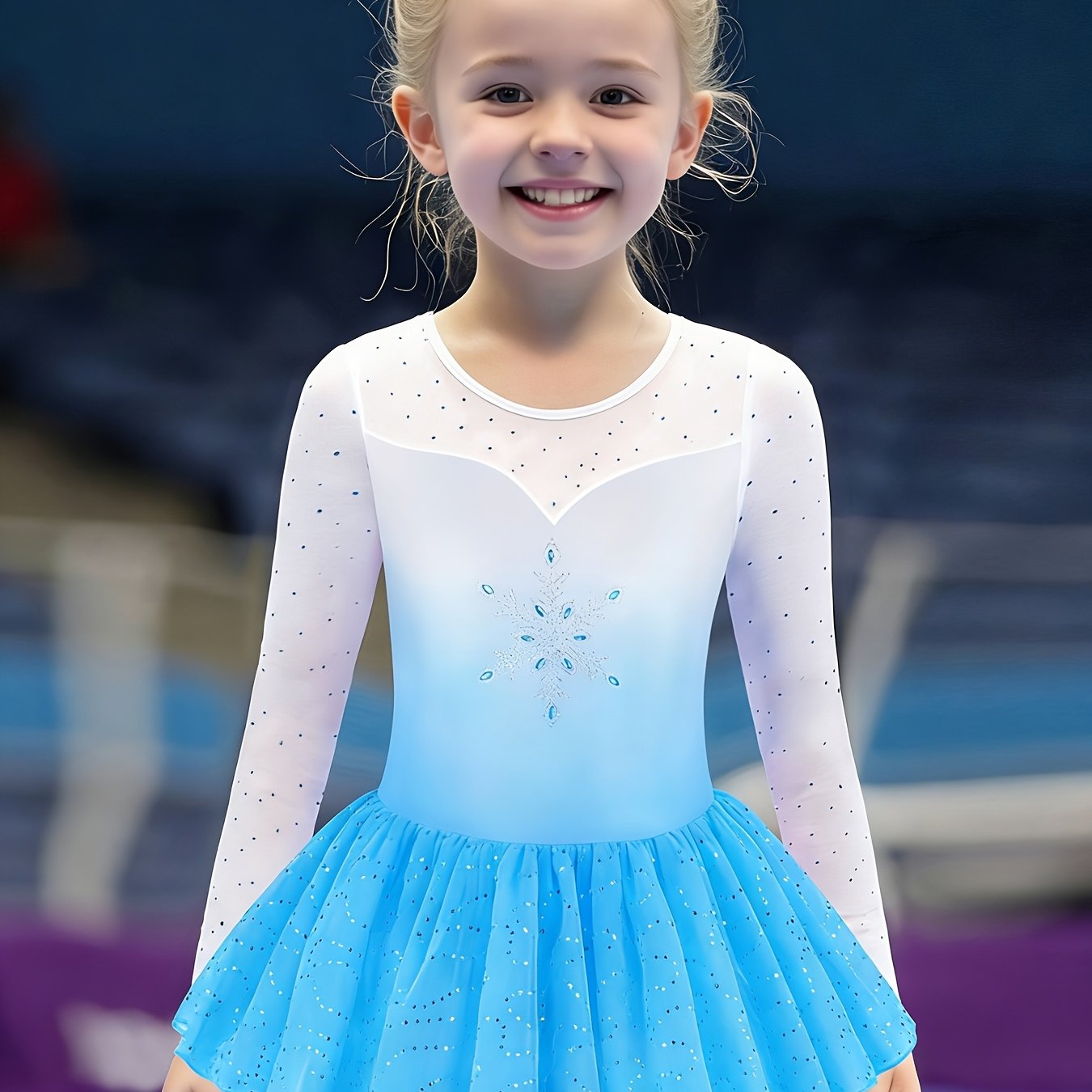 TEMU Artistic Gymnastics Outfit Snowflake Rhinestone Mesh Girls' Ballet Dance Practice Wear Girls' Rhythmic Gymnastics Long Sleeve Triangle Style