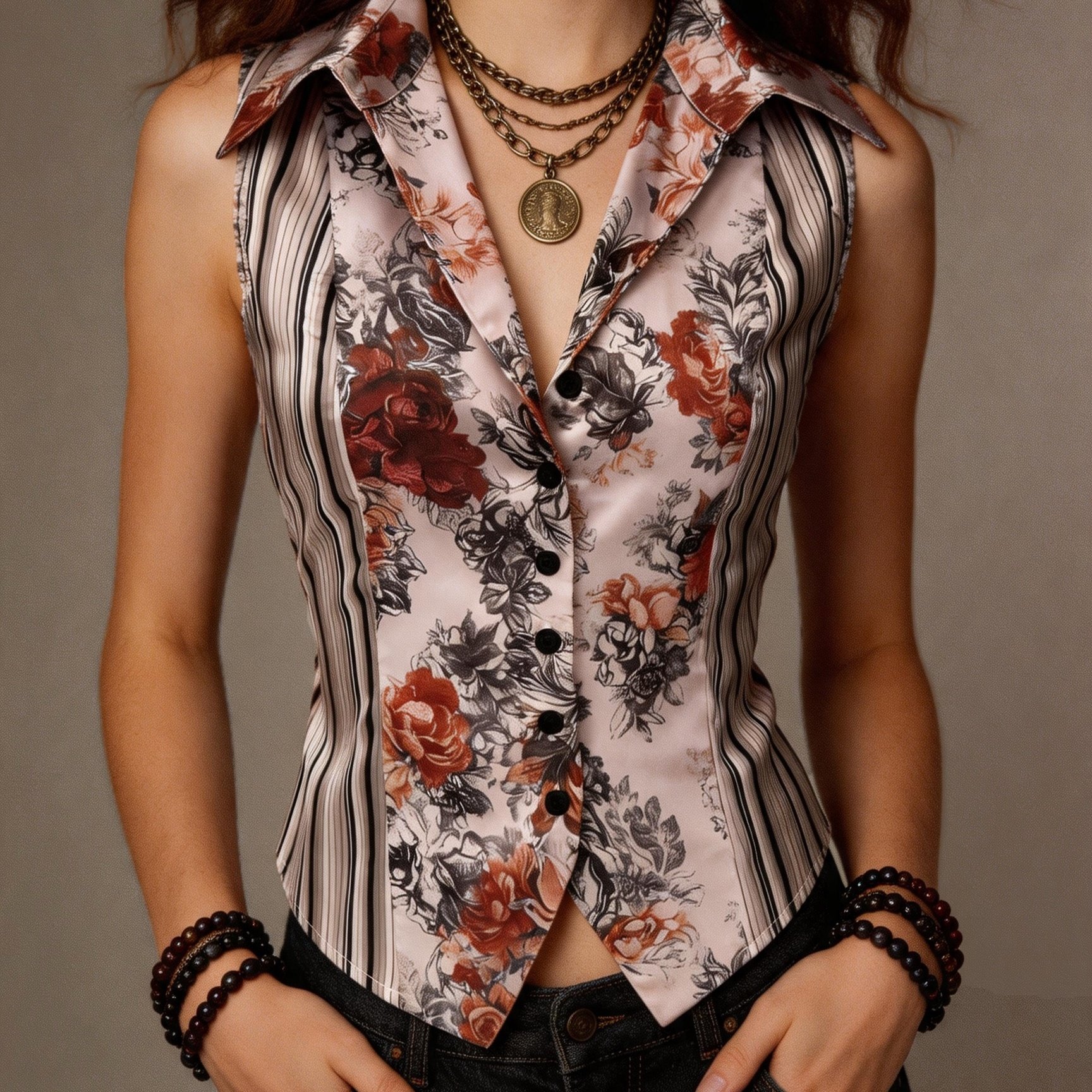 TEMU Women's Retro Floral & Stripe Print Satin Sleeveless Blouse - Button Front Lapel Collar Fitted Waistcoat With Back Bow Tie, Elegant Y2k Style