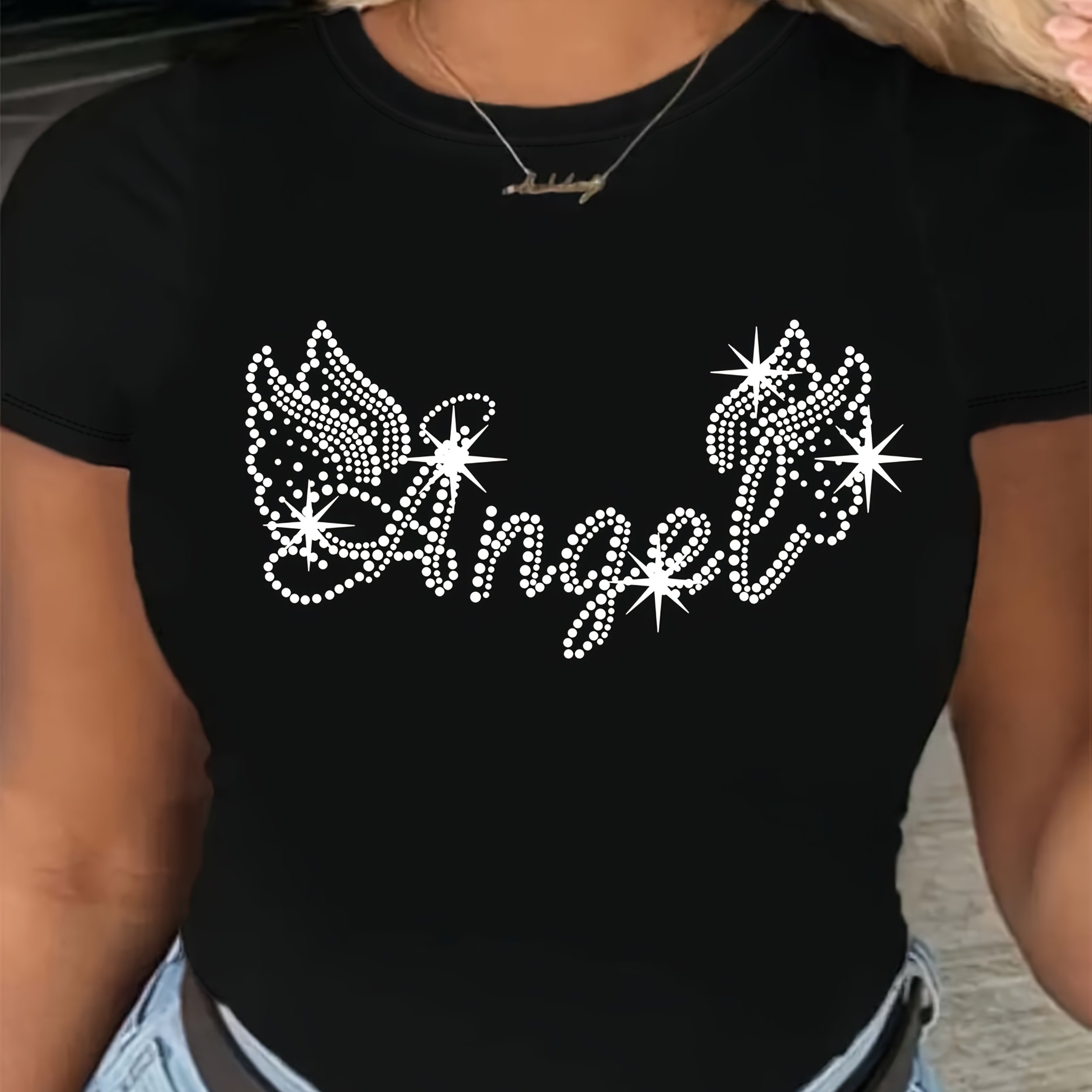 Image of " Exquisite Letter Wing Graphic Print Short Sleeve T-shirt, Casual Crew Neck Top For Spring/summer, Women's Clothing