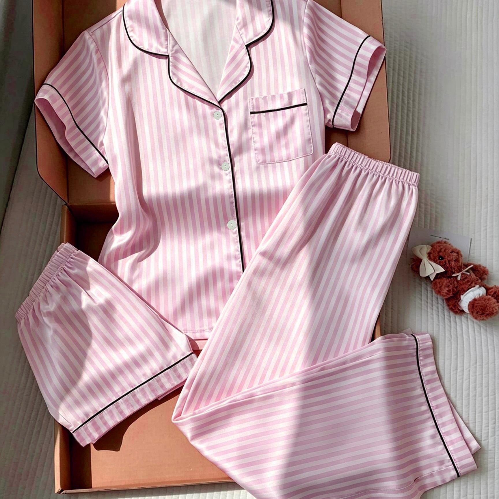 Image of Elegant Striped 3pcs Pajama Set, Long Sleeve Button-up Top And Shorts, Long Pants Sleepwear Set, Women's Pajamas And Loungewear