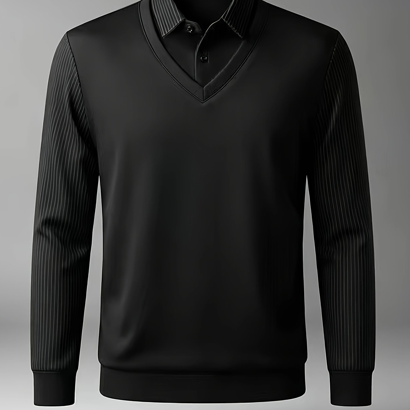 TEMU Men's Long-sleeve Shirt, /autumn Solid Color Lapel Collar 2-in-1 Look Shirt Collar Long-sleeve T-shirt Top For Men, Suitable For Sports And