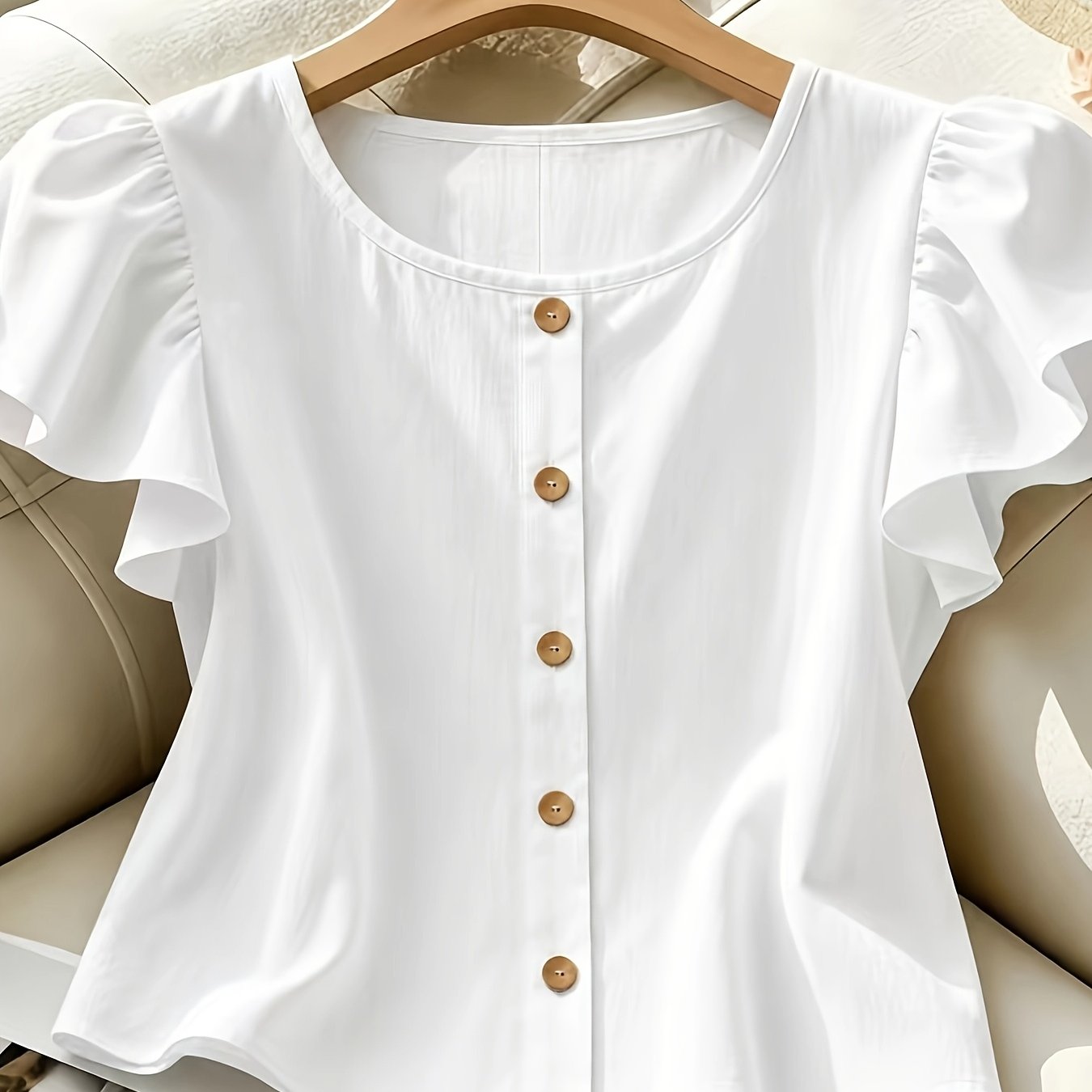 TEMU Women' Sleeve Shirt Summer Neck Single-breasted Slim Top Commute Casual Versatile Elegant Blouse