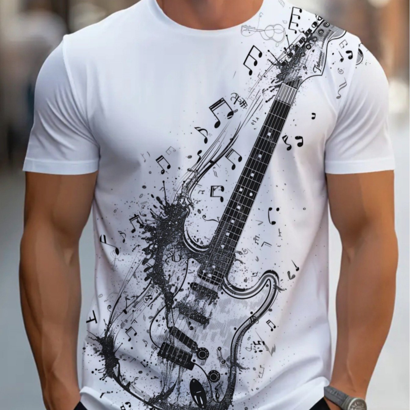 TEMU - Men's Round Neck Printed T-shirt, Guitar , Casual Wear, , Durable And Comfortable, Suitable For Home, Office, Or Outdoor Activities,