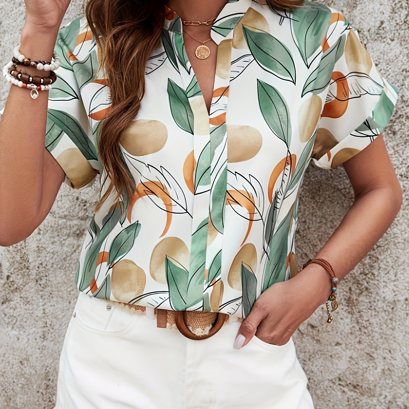 TEMU Plant Print Batwing Short Sleeve Shirt, Women's Summer Elegant -neck Batwing Blouse, Women's Clothing