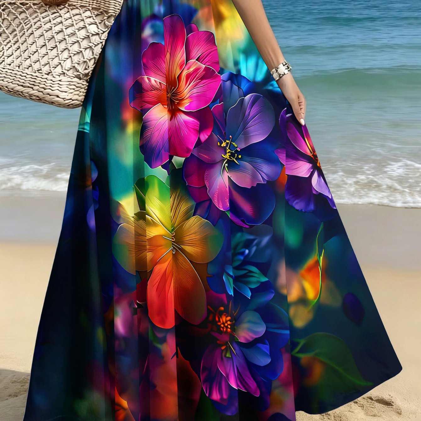 TEMU Plus-size Women's Elegant And Stylish Midi Skirt, Casual Printed Midi Dress With A Print Of Vibrant And Colorful , Suitable For