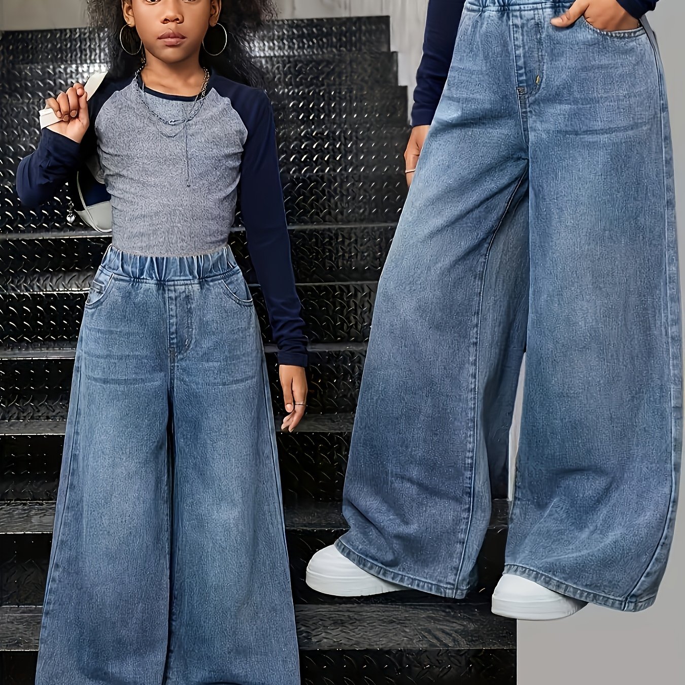 Image of Girl's Straight-leg Jeans, Y2k Style Washed Denim For Young Girls, Elastic Stretch Waistband, No Zipper, Loose And , Basic Fashion Cut, Style, For Daily , Casual Sport Pants, Autumn/winter Trousers