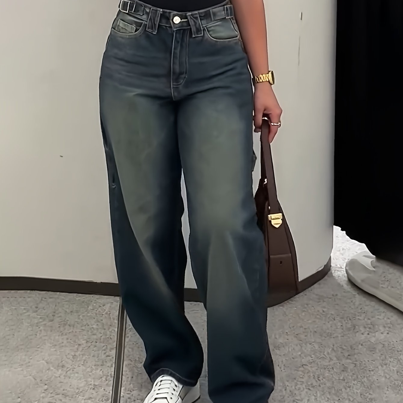 TEMU 2026 Spring/summer New Arrival Women's Dark Blue Vintage Washed Flared Jeans, High-waisted Draped Floor-length Pants, Loose And Versatile Casual