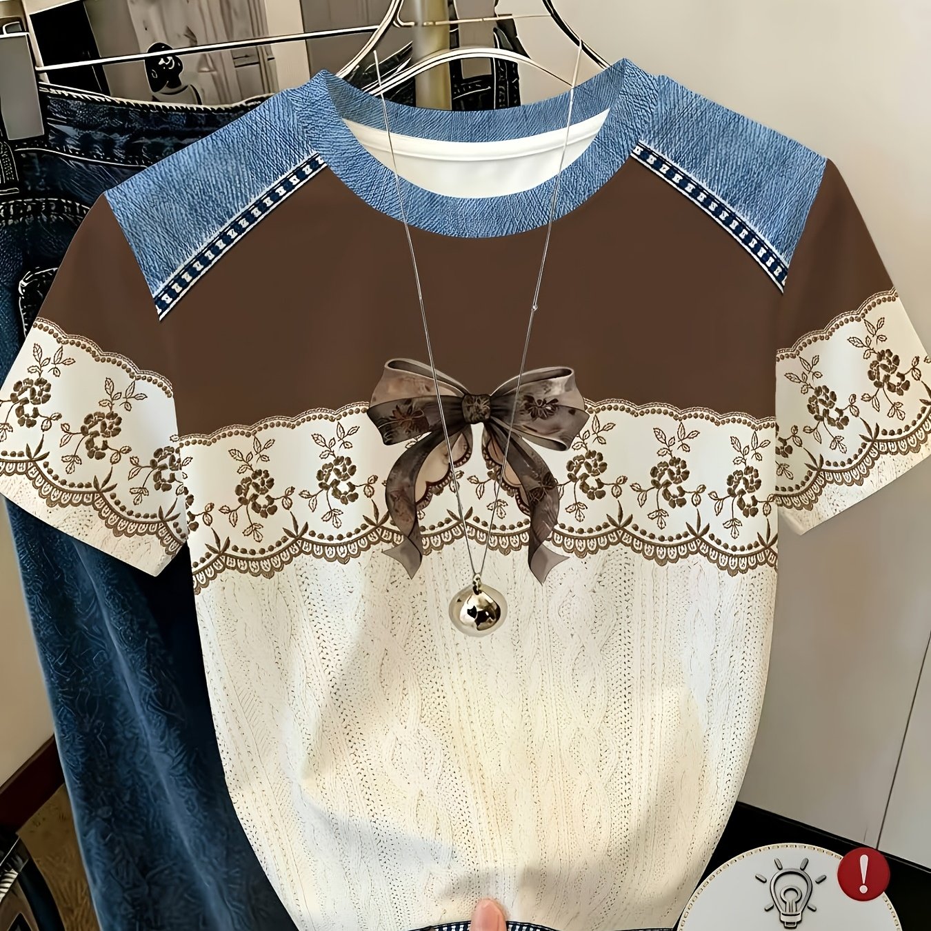 TEMU 【 - フェイクデニム生地ではない】レディース ト 花柄 リボン フェイクデニム風プリント パッチワーク トップス、夏 カジュアル コン かわいい 半袖 ゆったり ブラウス、普段着/バケーション ファッション レディース 服