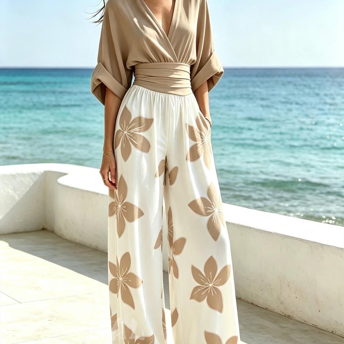 Image of Women's Summer Jumpsuit With Large Beige Floral Print Half-sleeve Wide Leg Romper Suitable For Beach Wedding Daily Wear, Pockets & Machine Washable Outfit For Vacations, , And Special Occasions
