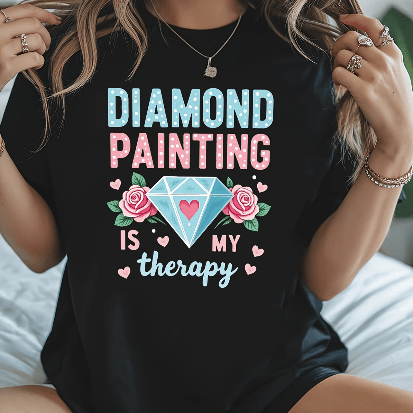 TEMU Diamond Painting Is " Diamond Painting Pattern Printed T-shirt, Women's Spring/summer Short Sleeve Round Neck Casual T-shirt, Daily Casual Wear,
