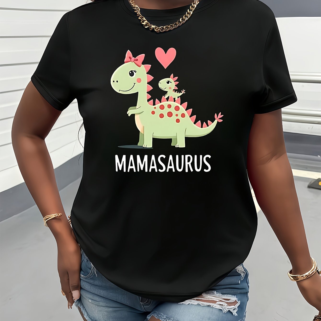 TEMU Mommy & Me Dinosaur Print T-shirts - Cute Matching Short Sleeve Round Neck Tees For Women &, Fun Cartoon Design With "mamaaurus" & " Dinosaur"