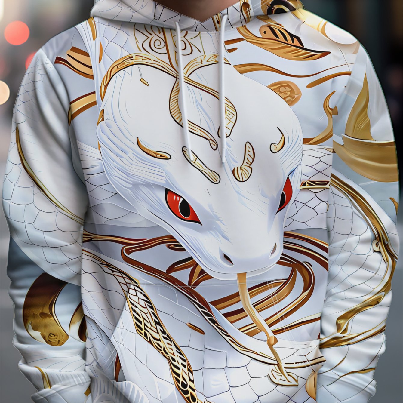 TEMU Men's Individual Style Hoodie, Coiling And Exhaling Red Eyes Golden Patterns - Full Of Street Trendy Style, Rich And Artistic Pattern Elements,