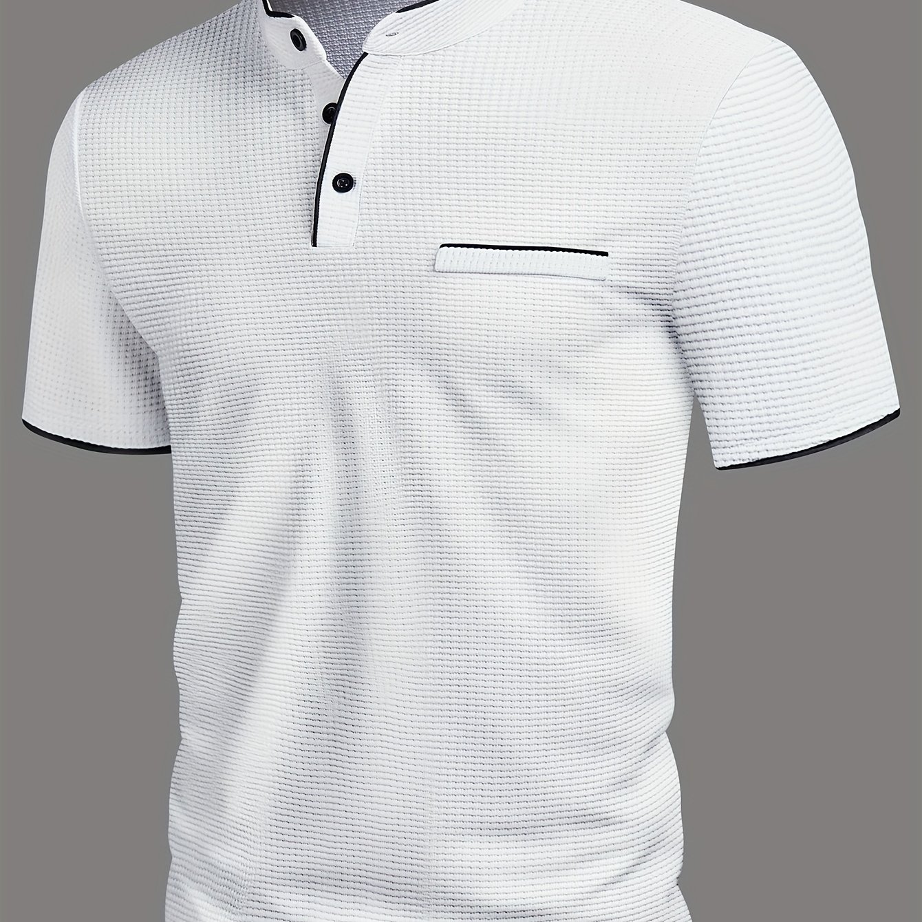 Image of Men's Textured Waffle Knit Henley Shirt With Black Trim Design, Short Sleeve, Fashion Sport Outdoor Casual