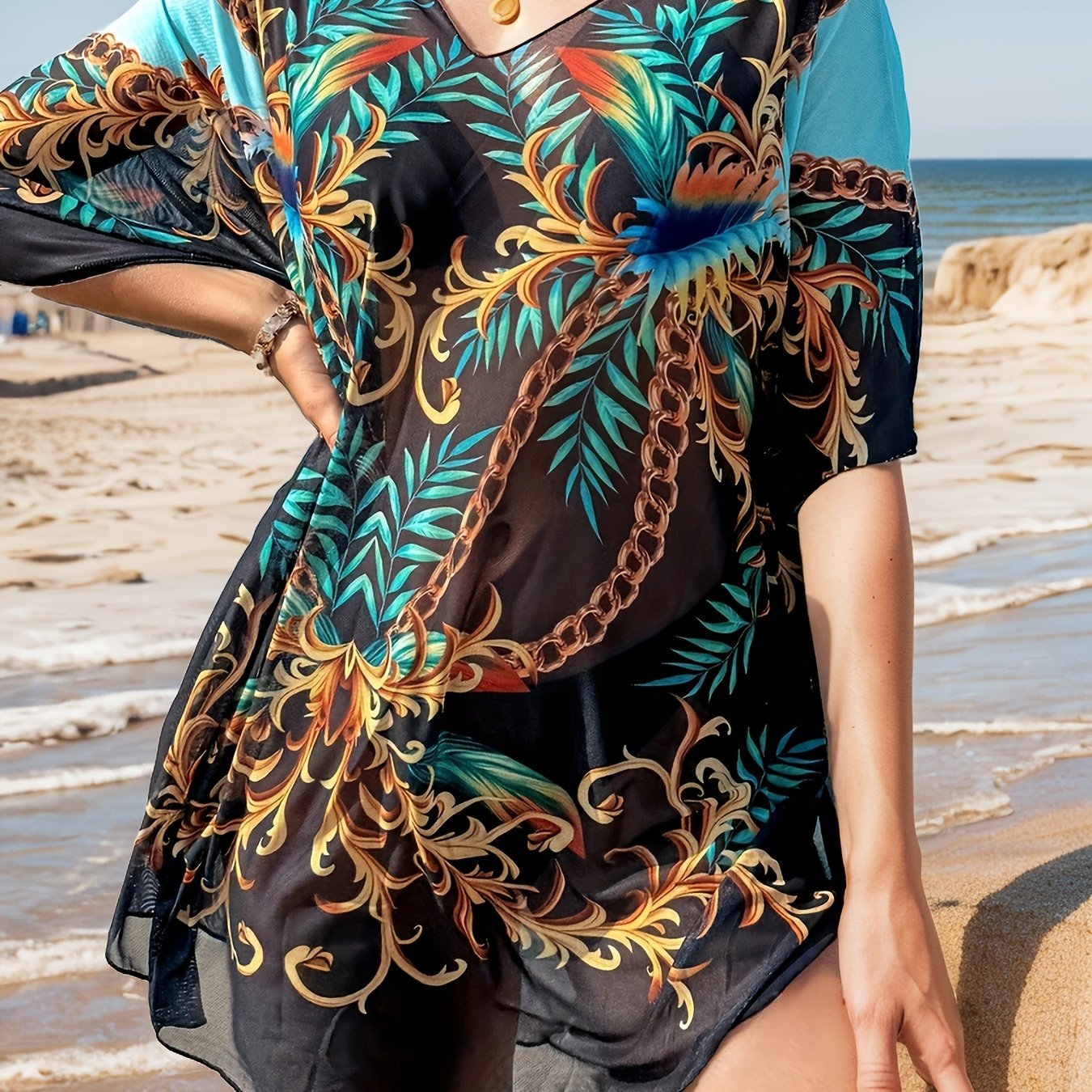 Image of European And Summer New Printed Smock Women's Top Mesh Semi-transparent