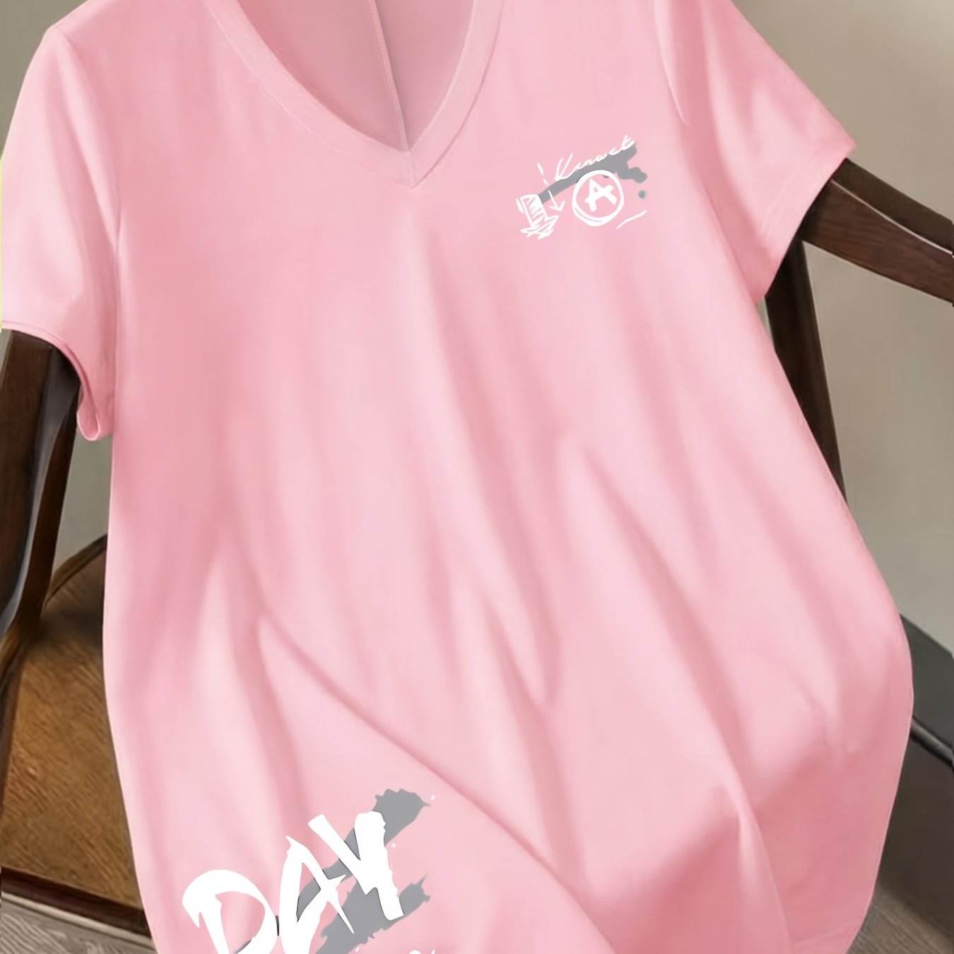 TEMU Plus Size, Plus Size Women's V-neck T-shirt - Elegant Solid Color Blouse-compatible Basic Top Suitable For Spring/summer, Machine Washable