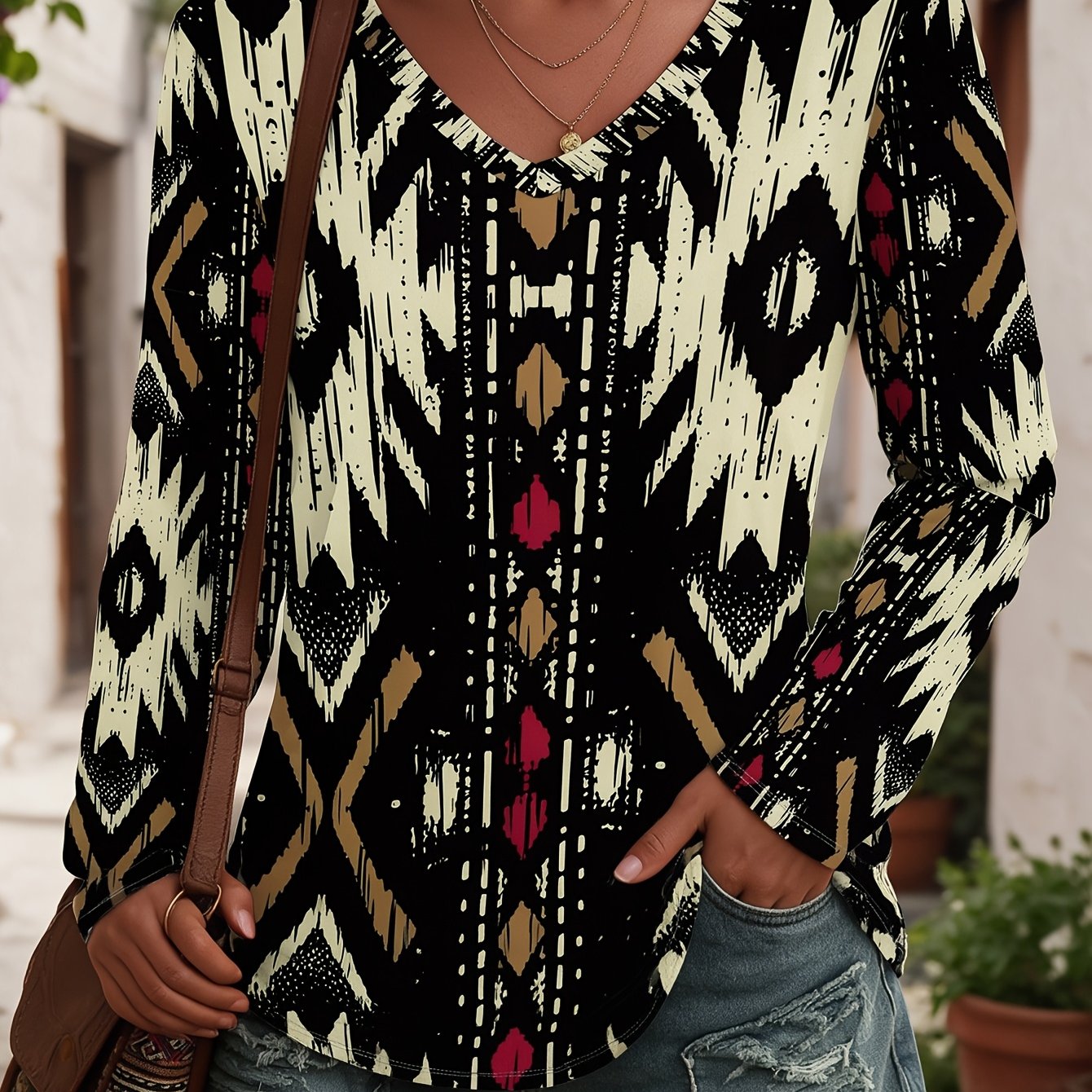 TEMU Plus Size, Plus Size Women's V-neck Long Sleeve T-shirt, Black Top With Ethnic Geometric Diamond Totem Print, Bohemian Exotic , For Daily