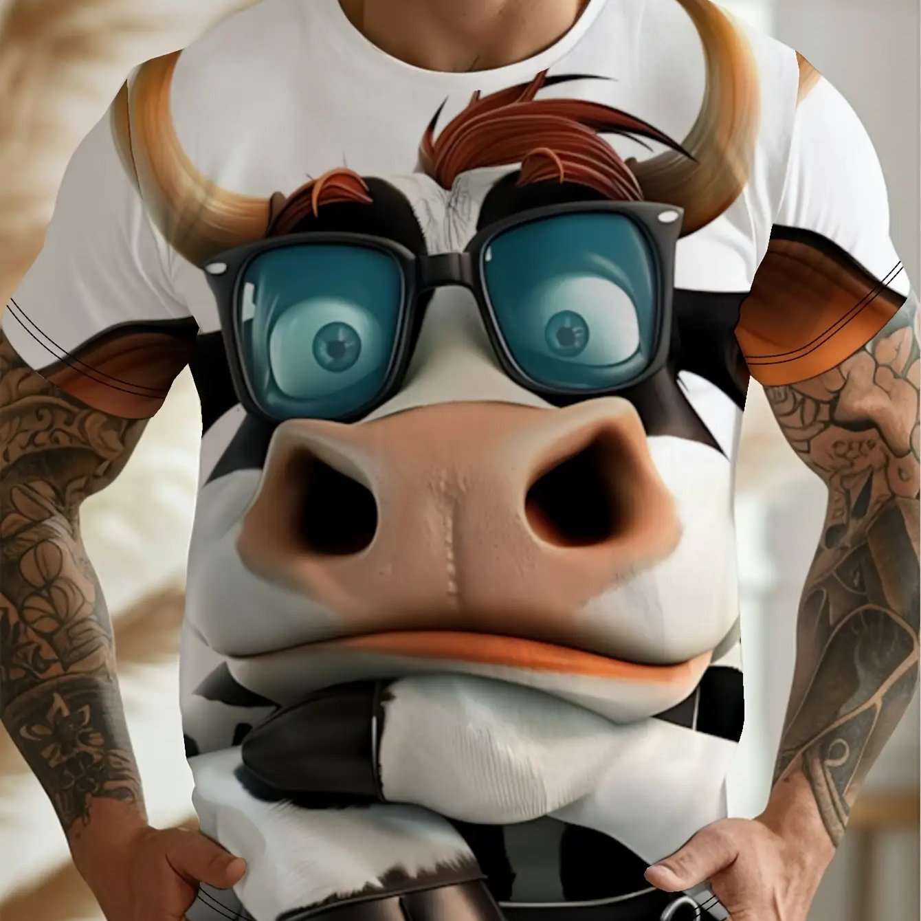 TEMU Men's Cow Print T-shirt With Funny Cow - Humorous Cow Pattern Short Sleeve Crew Neck Top, Lightweight Summer Casual Wear Suitable For Parties &