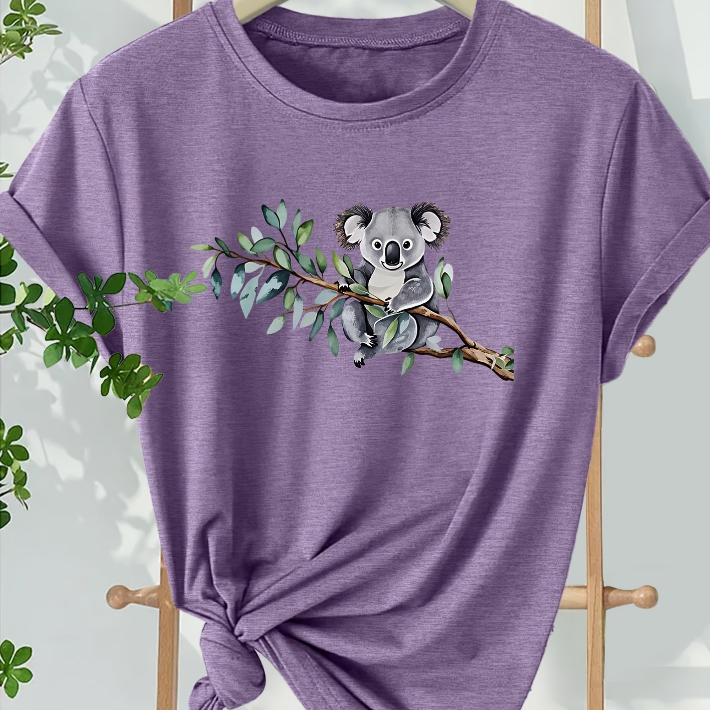 TEMU Watercolor Koala Print, Soft Stretchy Crewneck Casual Top, Suitable For Daily Wear And Vacations , Summer, And Autumn, Sizes S-xxl, Fashionable