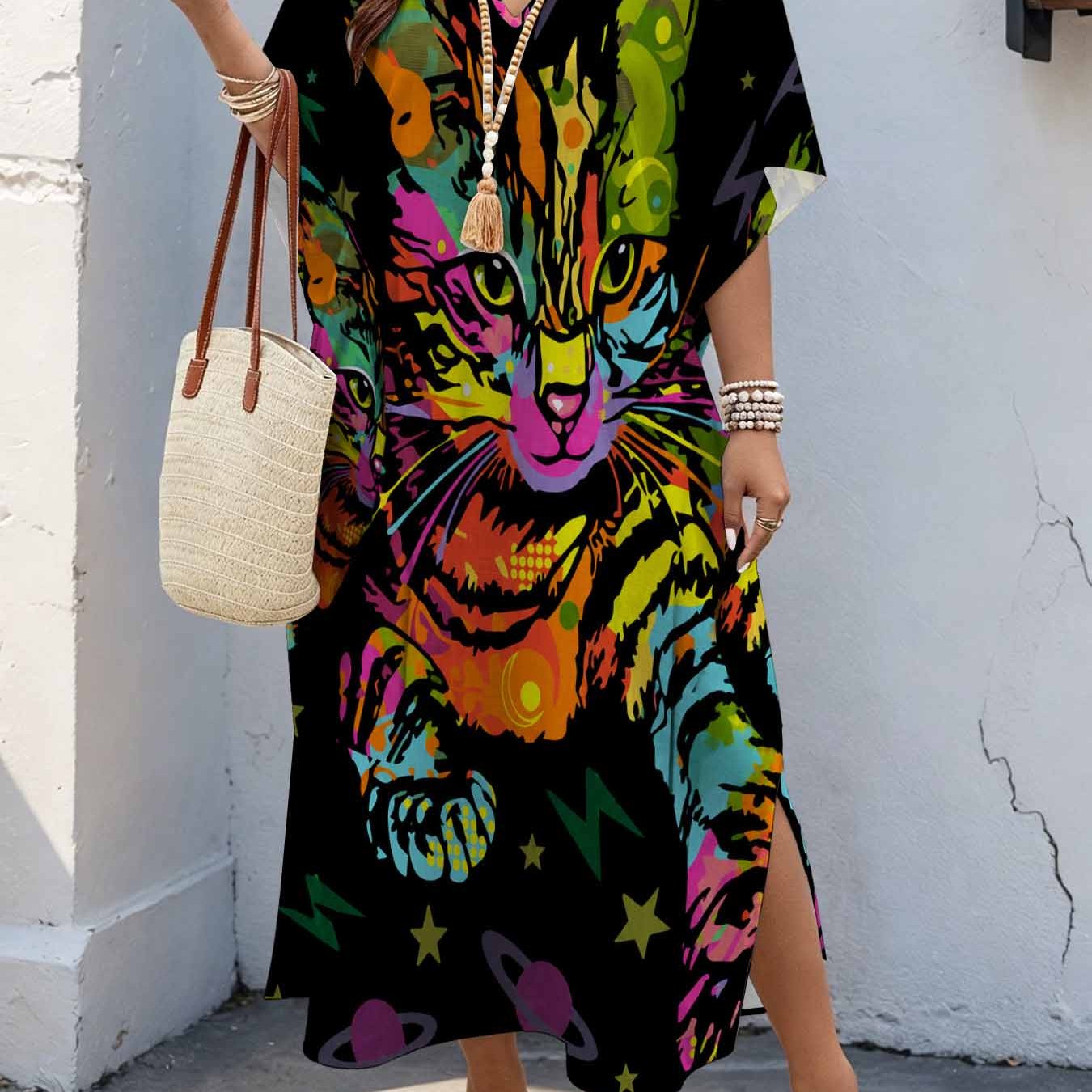 Image of Plus Size Women's 08xl Psychedelic Pop , Vibrant Print Maxi Dress, V-neck Batwing Sleeve Dress With Double Side Slits, Loose Casual Summer Dress For Curvy Women