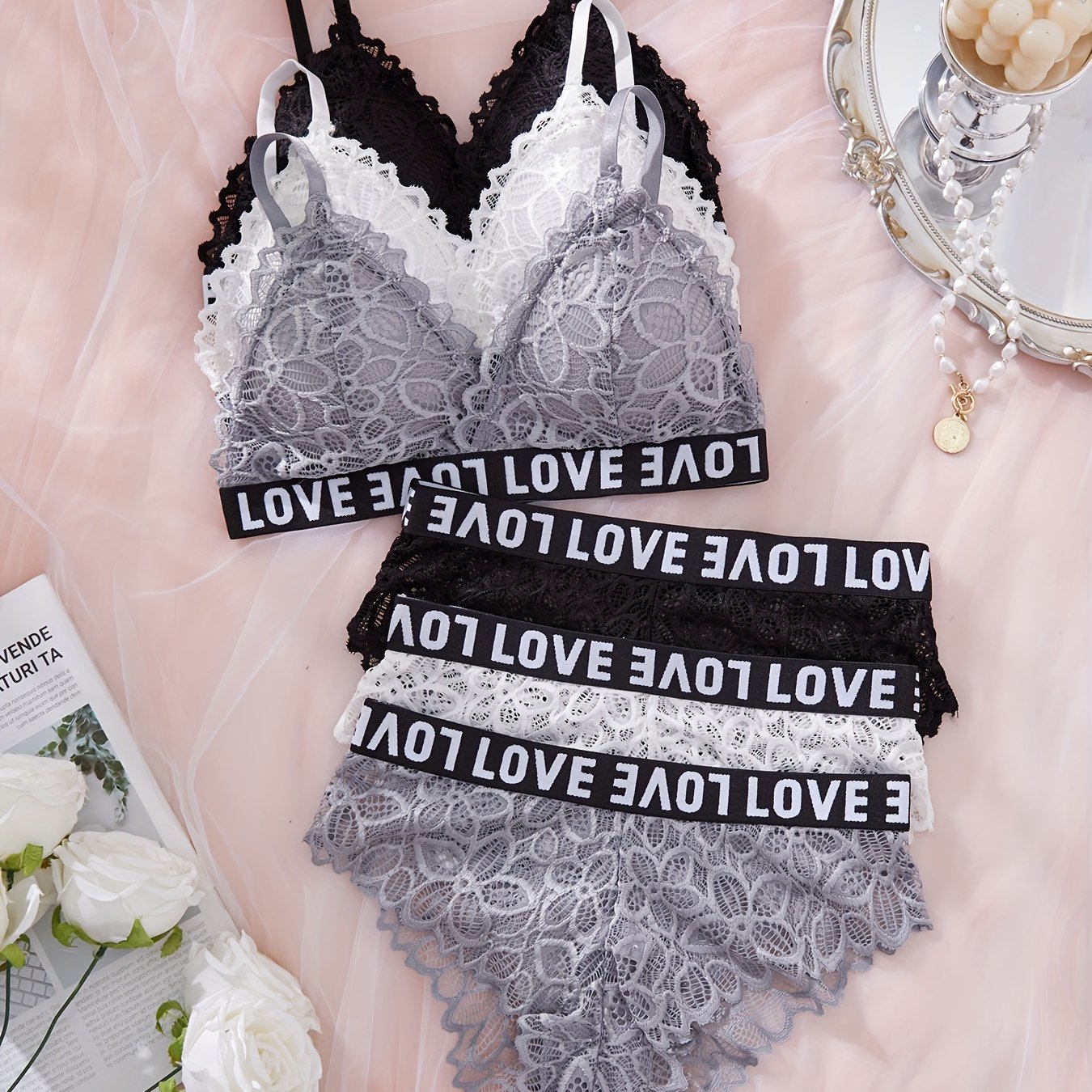 Image of 6pcs Romantic Series Sexy Lace Women's Underwear Sport Style Wire-free Bra Set