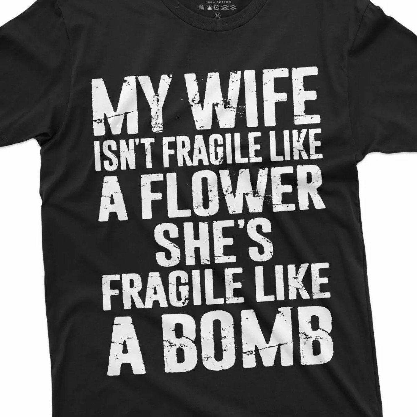 TEMU Plus-size Men's Fun T-shirt "my Wife As Fragile As Flowers, As Fragile As Bombs"- Humorous Husband Gift, Black With White Text, Comfortable