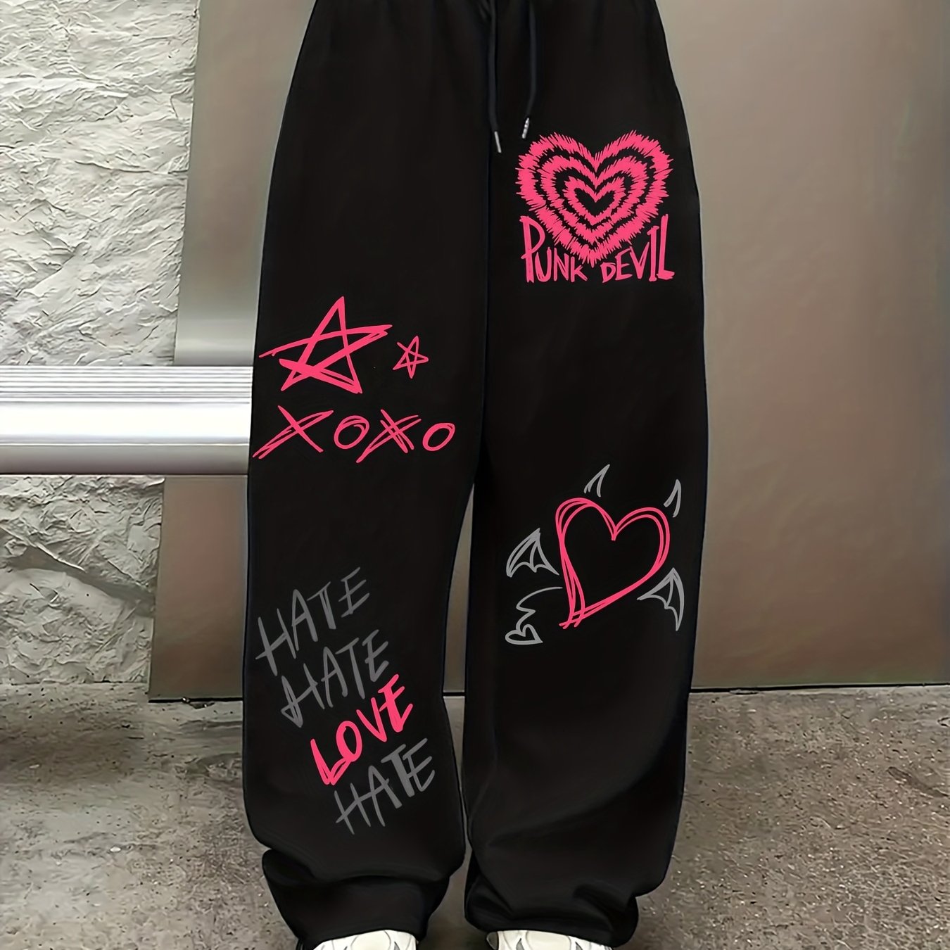 TEMU Trendy Cool Letter Graffiti Pattern Print, Casual Athletic Straight Leg Trousers, Elastic Waist Drawstring Wide Leg Long Pants Women's Clothing,