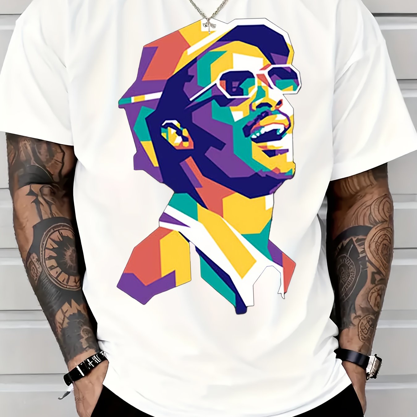 TEMU 2025 Trendy Men's 100% Cotton 180gsm Relaxed Fit T Shirt Colorful Geometric Portrait Print Rock Style All Season Casual Vacation Wear Machine