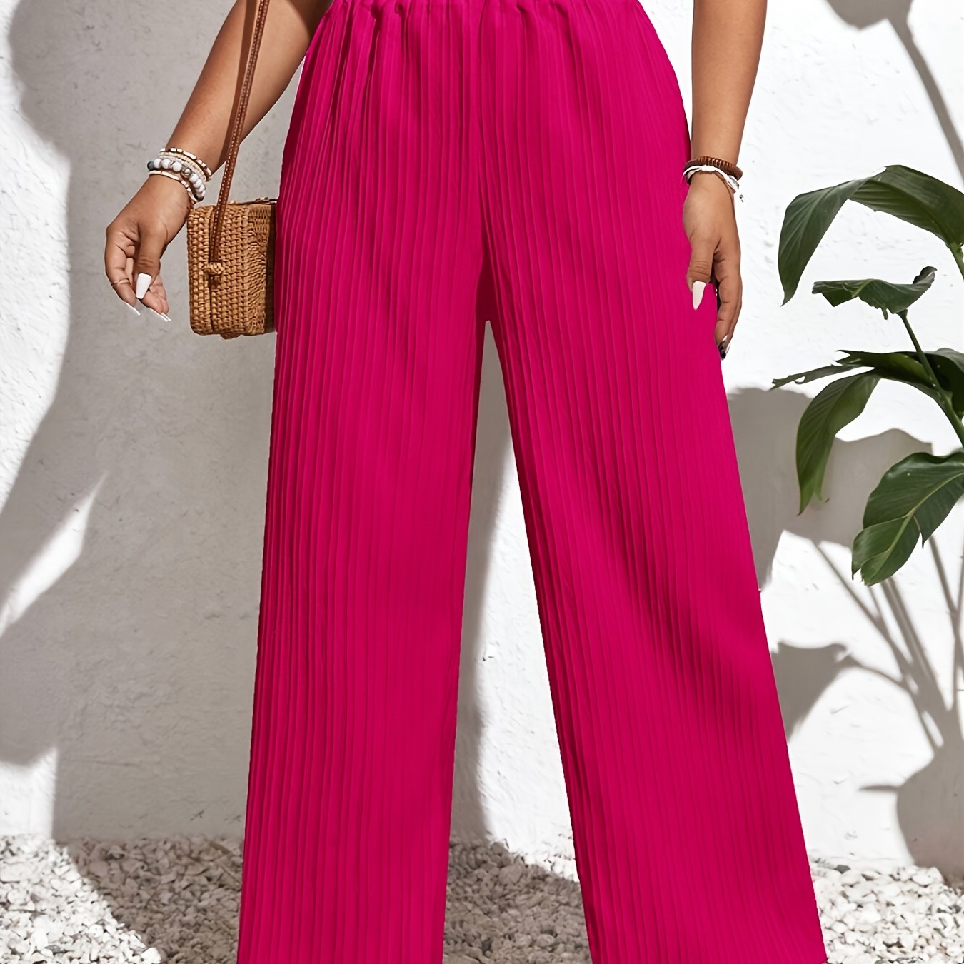 Plus Size, Women's New Arrival Solid Color Loose Fit Textured High-waist Wide-leg Pants For Cross-border European And