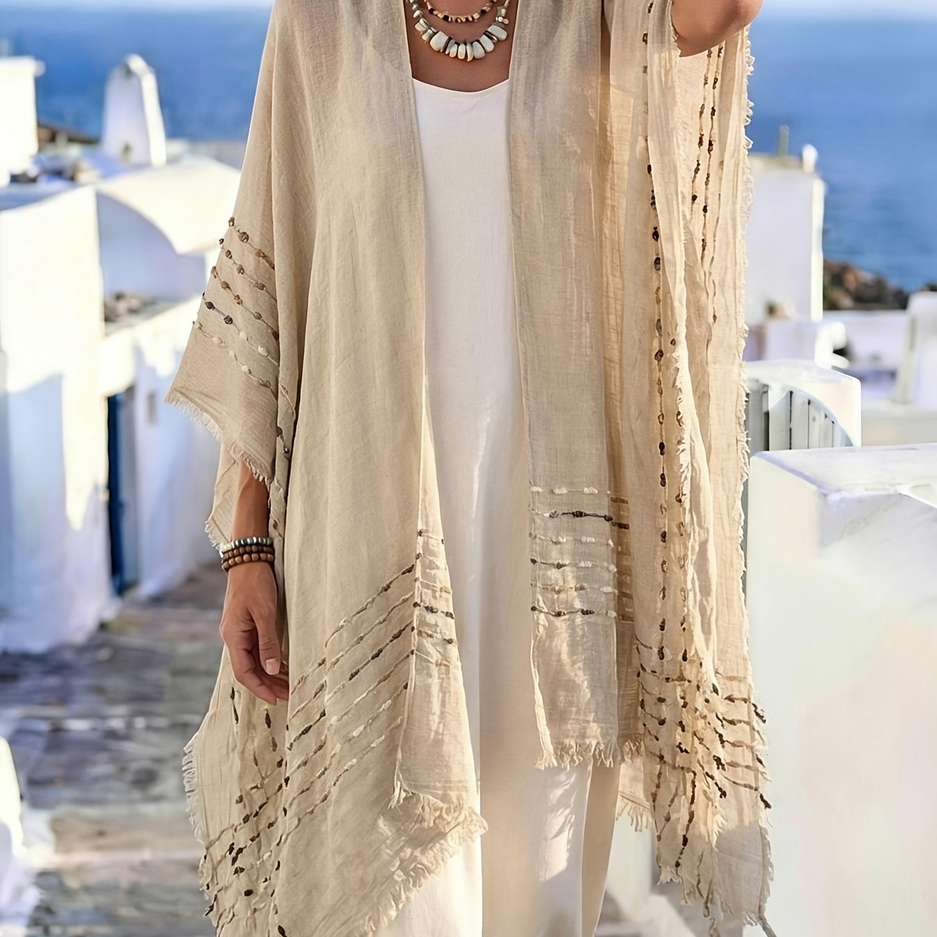 TEMU Elegant Solid-colored Bohemian Cardigan, Super Versatile For Casual Attire