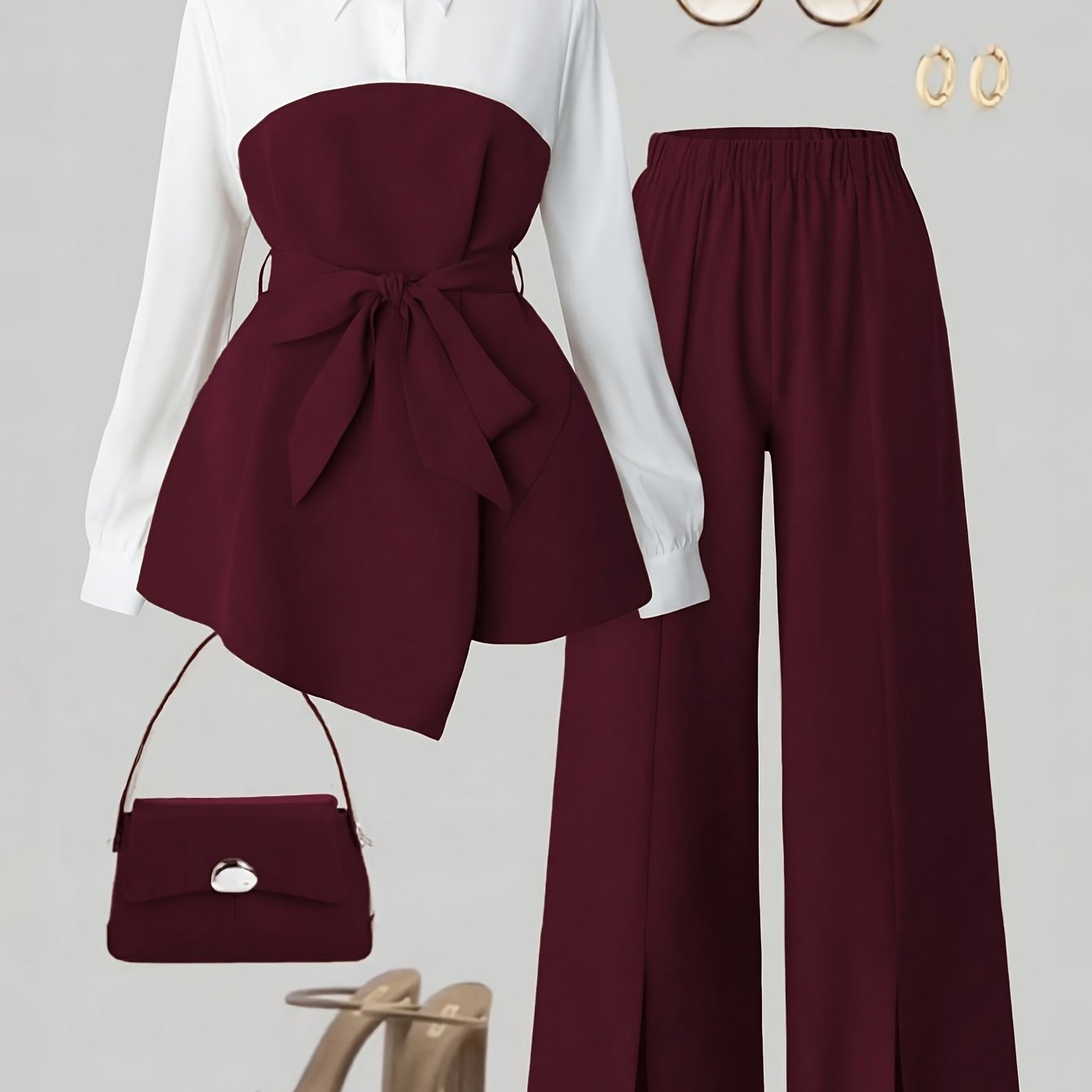 TEMU Conjunto de oficina elegante de 2 piezas para mujer, blusa de solapa de larga con pantalones de pierna ancha con abertura, de estilo de negocios