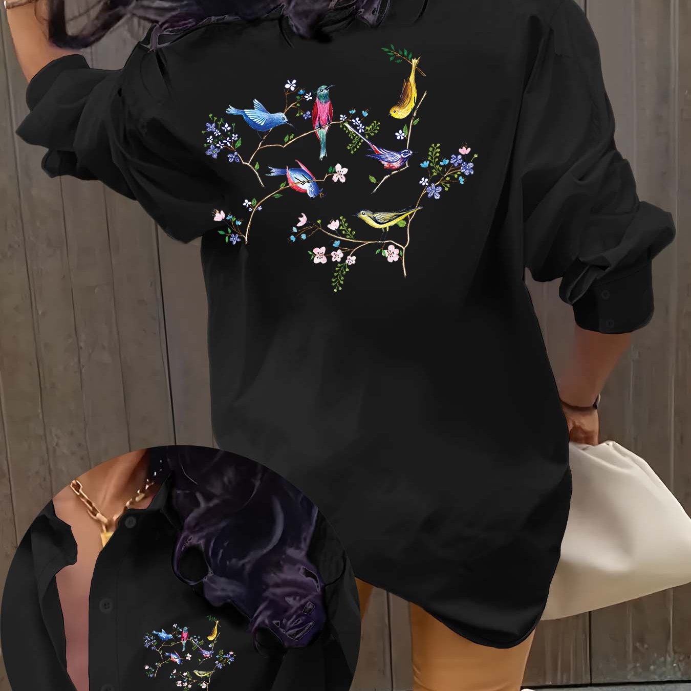 TEMU Women's Comfortable, Simple, And Elegant Bohemian Vintage Bird And Floral Print Lapel Long-sleeve Shirt, One-piece Women's Clothing, Beautiful